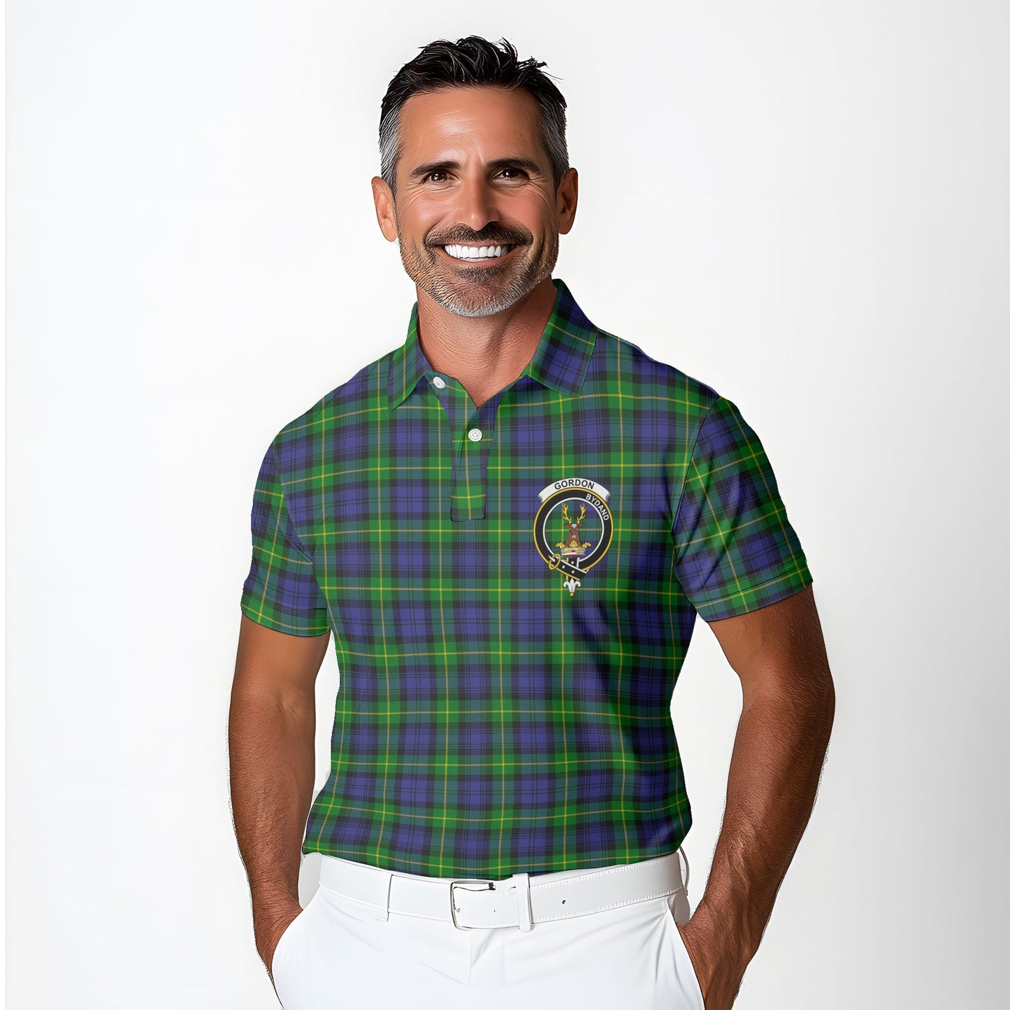 Clan Gordon Tartan Golf Men Polo Shirt Crest And Plaid Basic Style