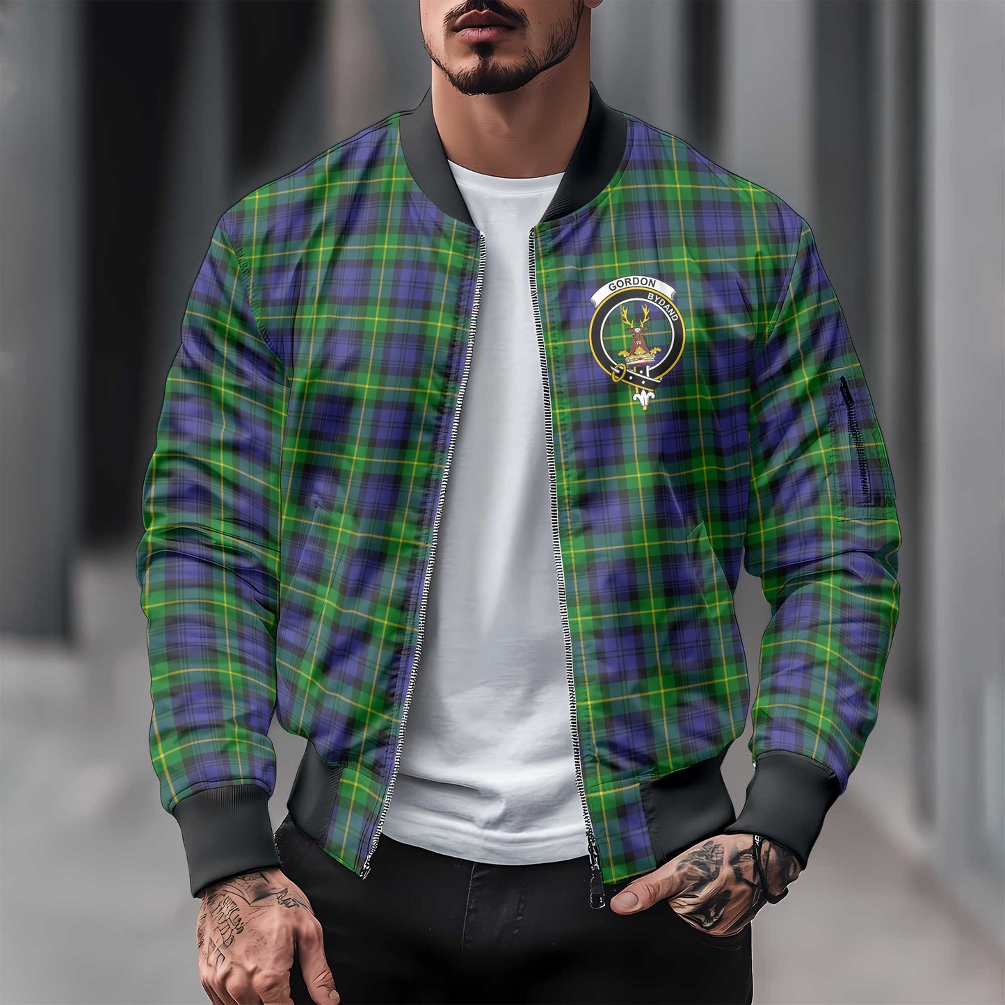 Clan Gordon Tartan Men Bomber Jacket Crest And Plaid Basic Style