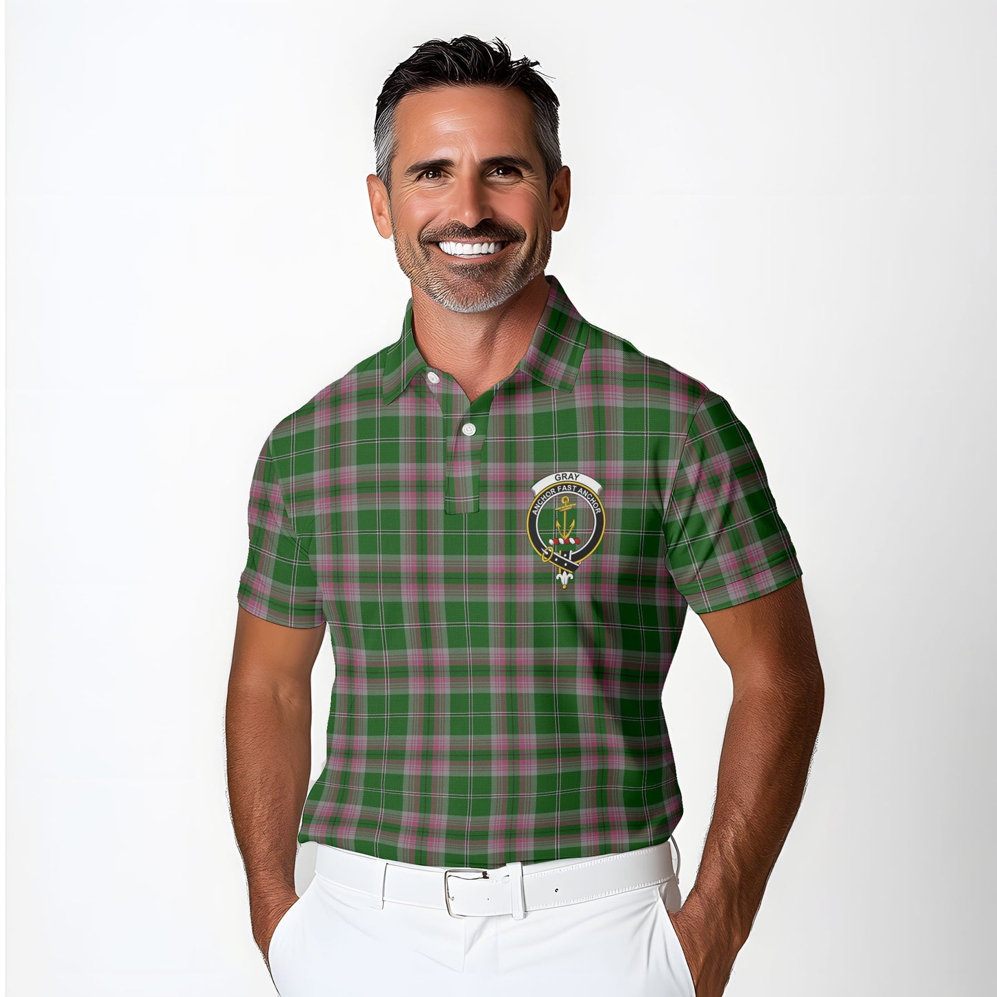 Clan Gray Tartan Golf Men Polo Shirt Crest And Plaid Basic Style