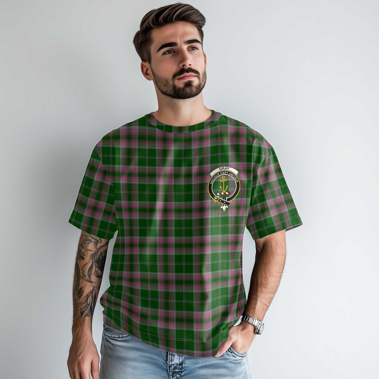 Clan Gray Tartan Men T Shirt Crest And Plaid Basic Style