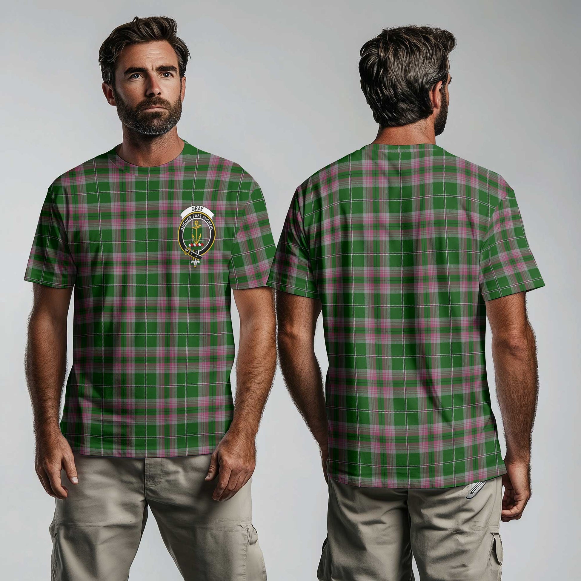 Clan Gray Tartan Men T Shirt Crest And Plaid Basic Style