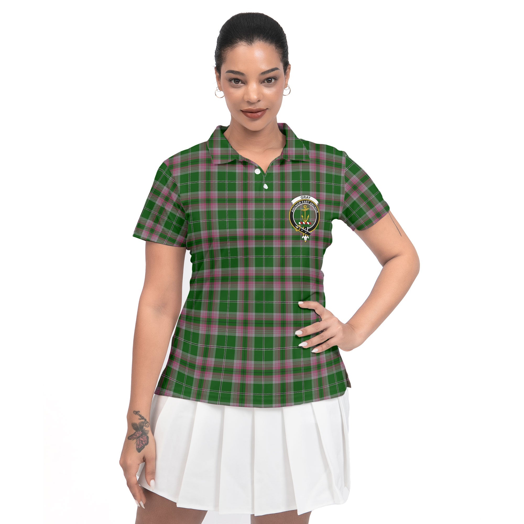Clan Gray Tartan Women Polo Shirt Crest And Plaid Basic Style