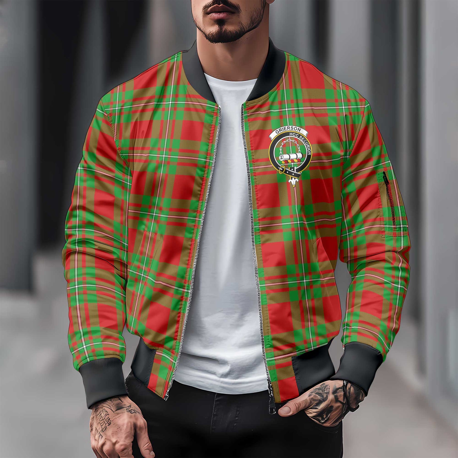 Clan Grierson Tartan Men Bomber Jacket Crest And Plaid Basic Style