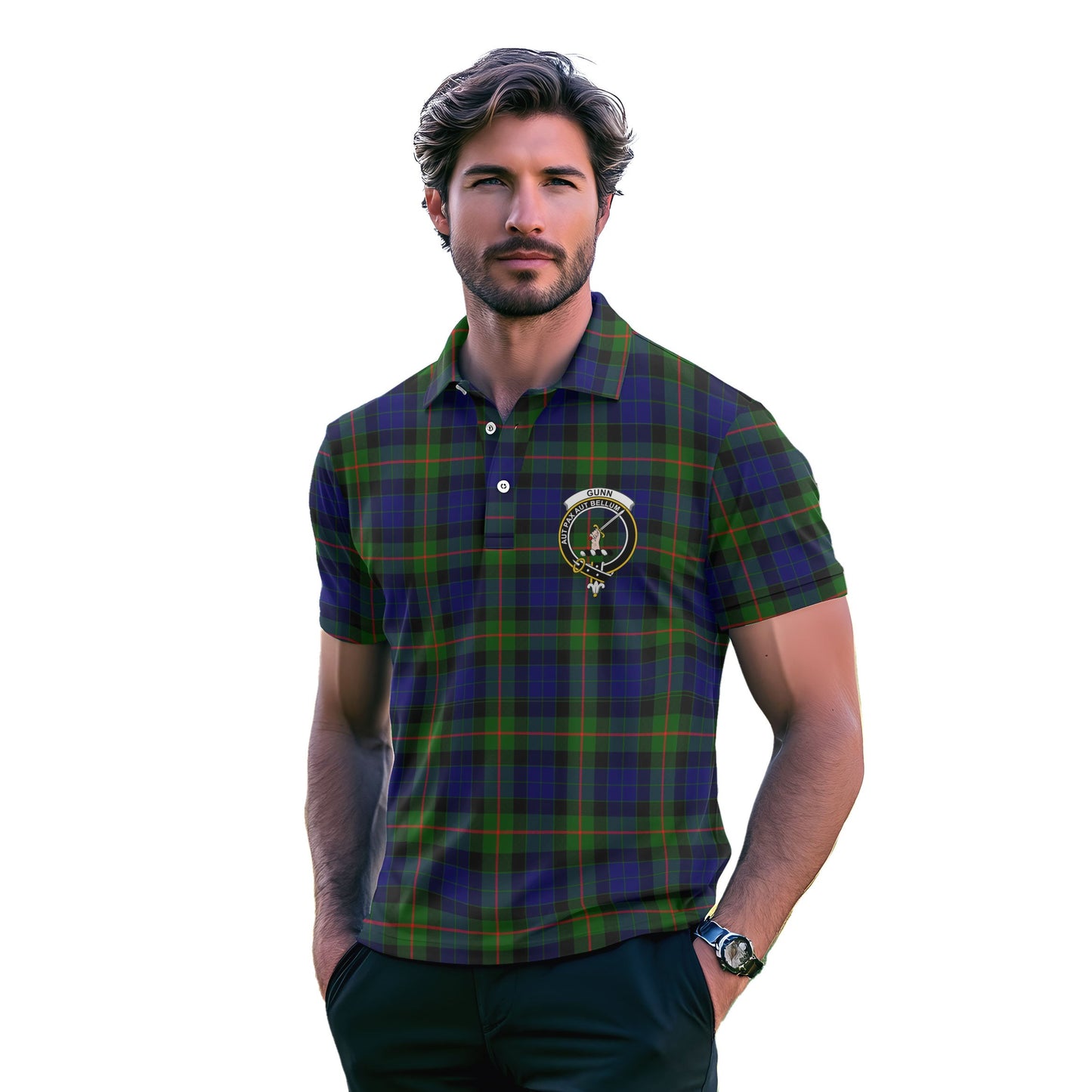 Clan Gunn Tartan Golf Men Polo Shirt Crest And Plaid Basic Style