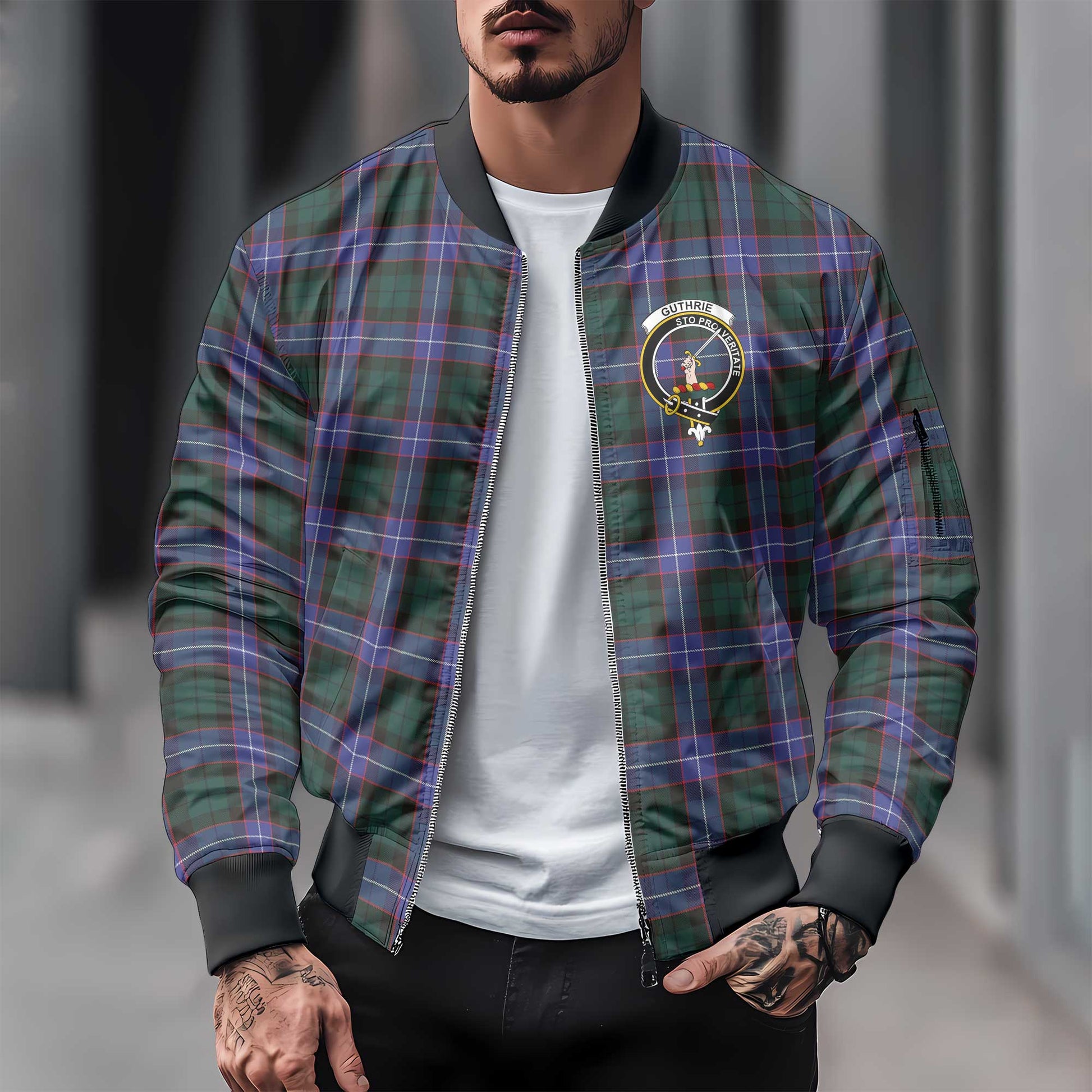 Clan Guthrie Tartan Men Bomber Jacket Crest And Plaid Basic Style