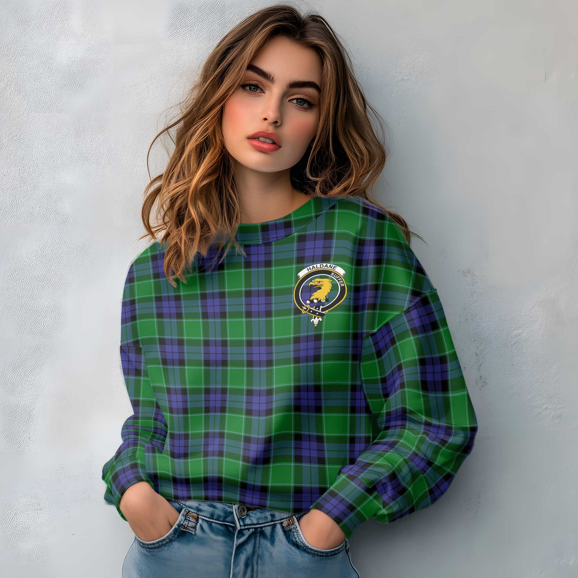 Clan Haldane Tartan Women Sweatshirt Crest And Plaid Basic Style