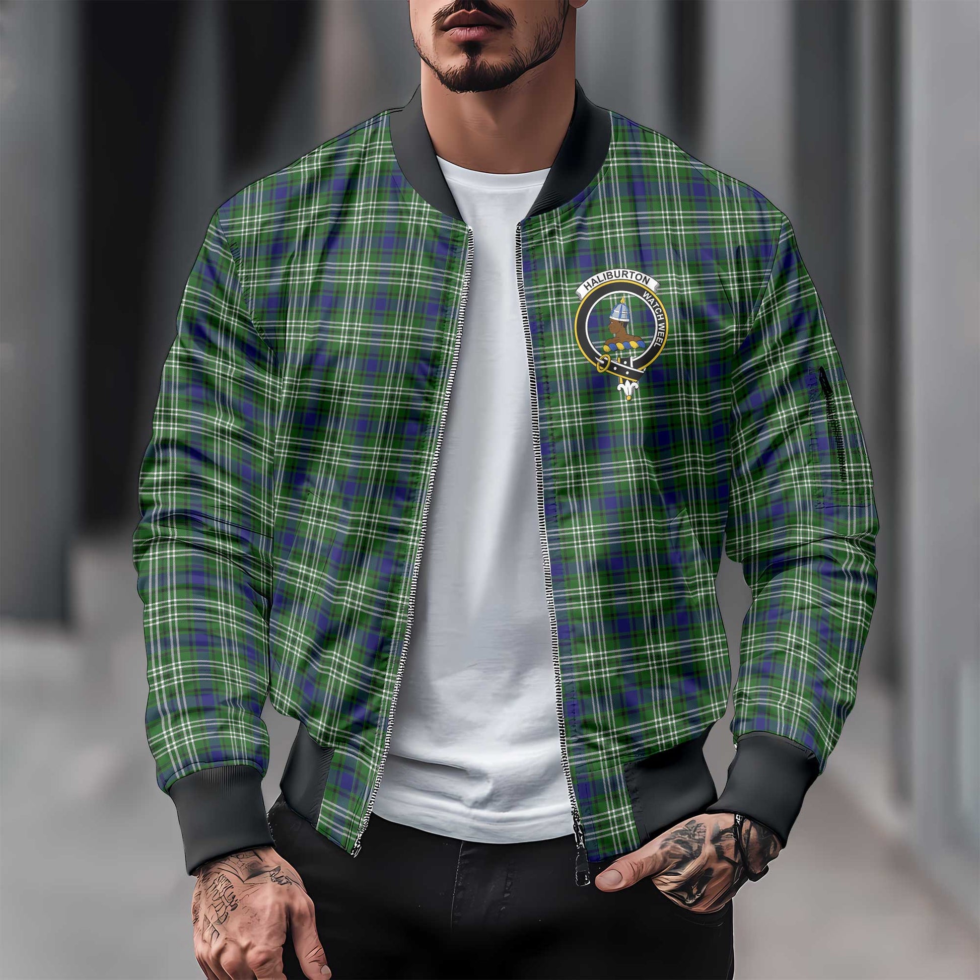 Clan Haliburton Tartan Men Bomber Jacket Crest And Plaid Basic Style