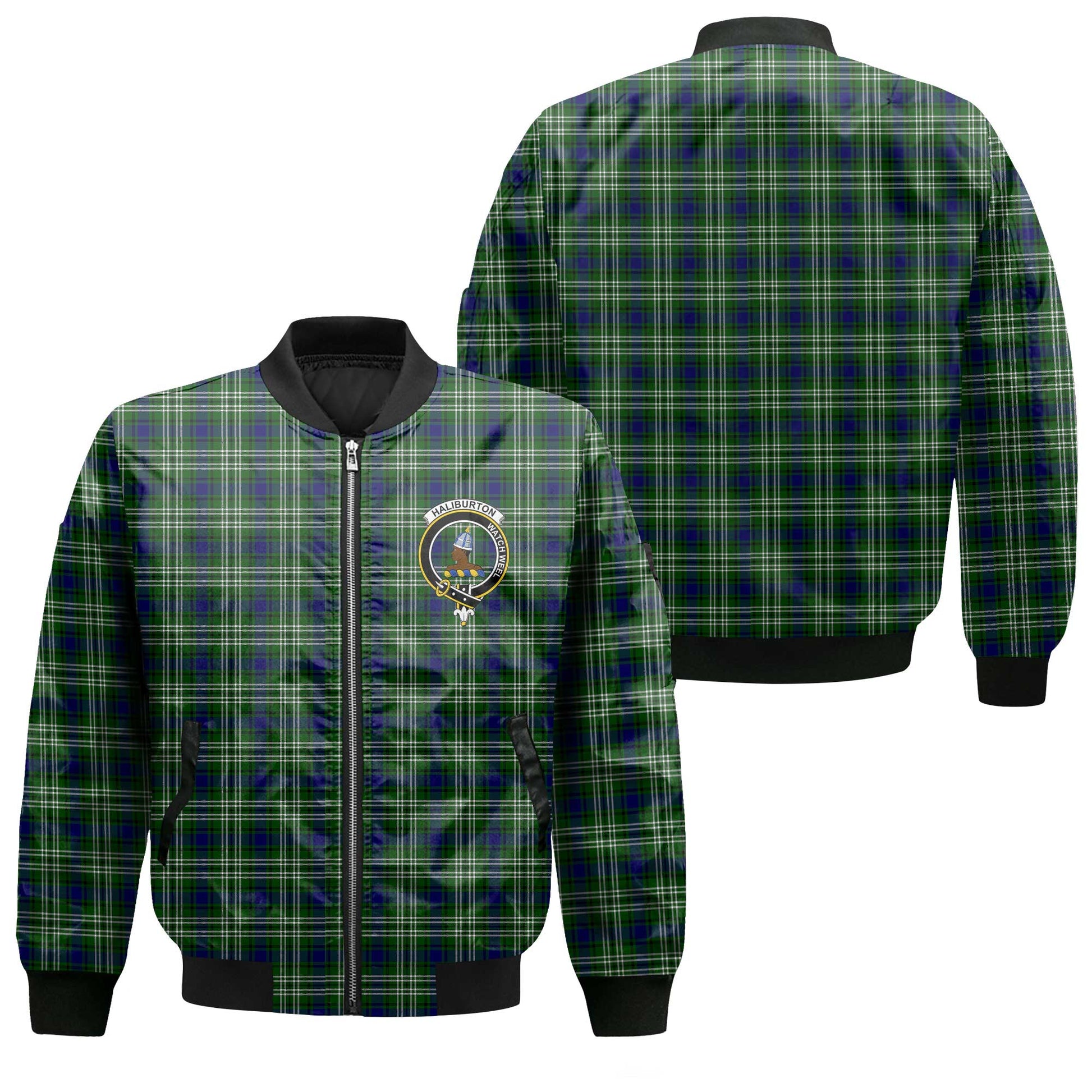 Clan Haliburton Tartan Men Bomber Jacket Crest And Plaid Basic Style