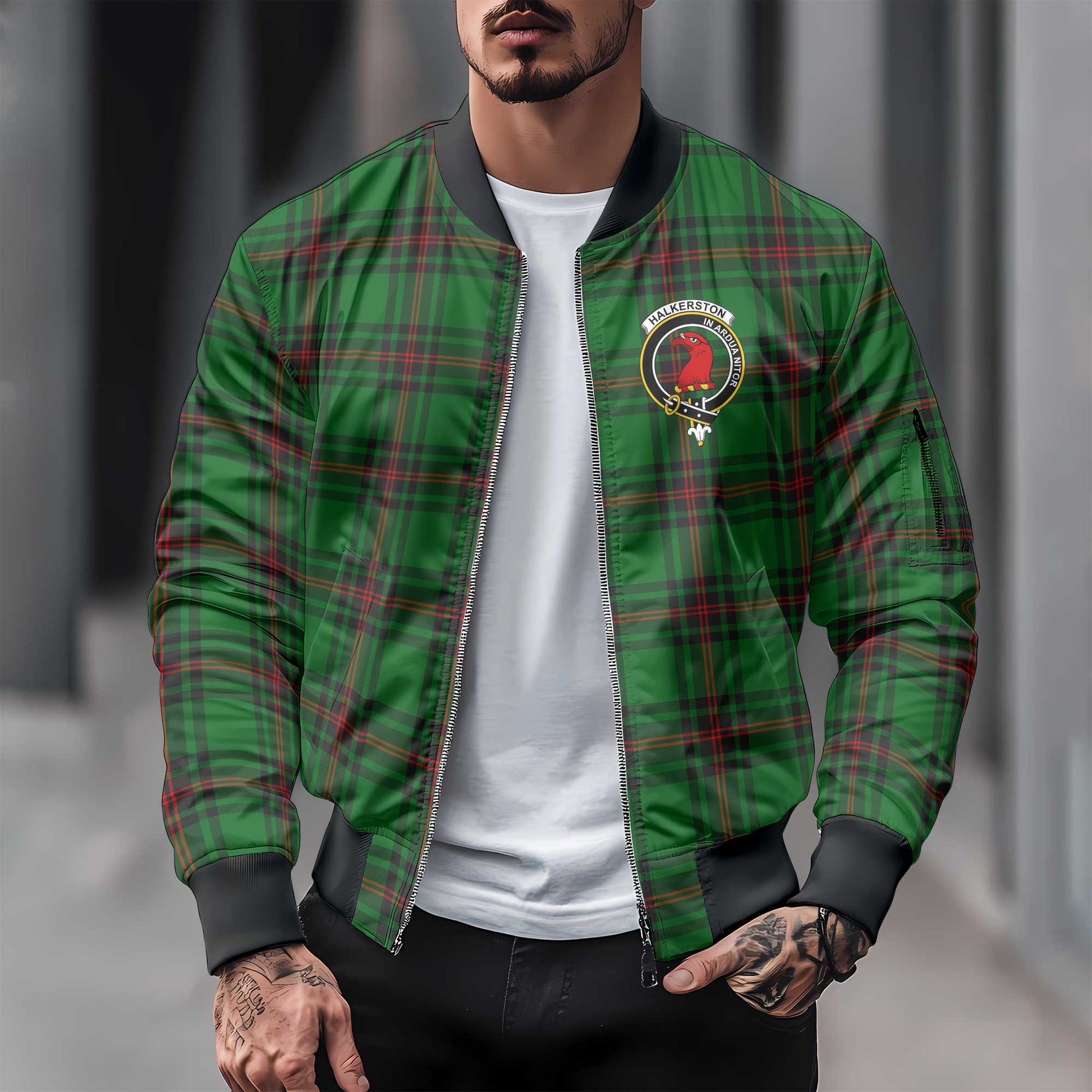 Clan Halkerston Tartan Men Bomber Jacket Crest And Plaid Basic Style