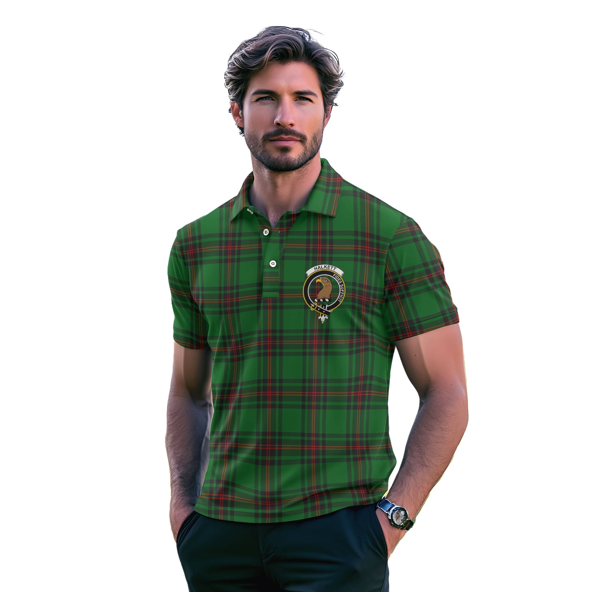 Clan Halkett Tartan Golf Men Polo Shirt Crest And Plaid Basic Style