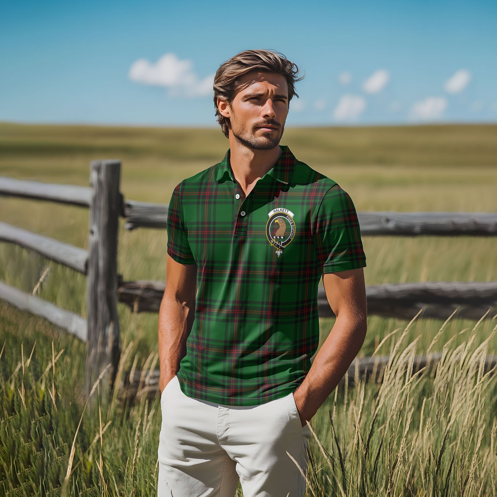 Clan Halkett Tartan Golf Men Polo Shirt Crest And Plaid Basic Style