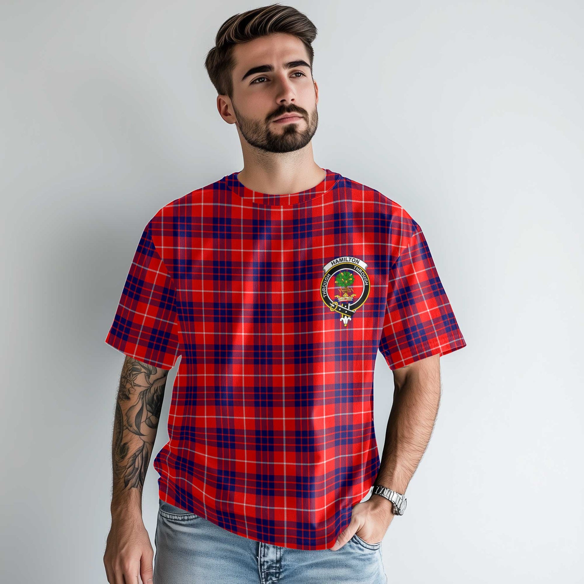 Clan Hamilton Tartan Men T Shirt Crest And Plaid Basic Style