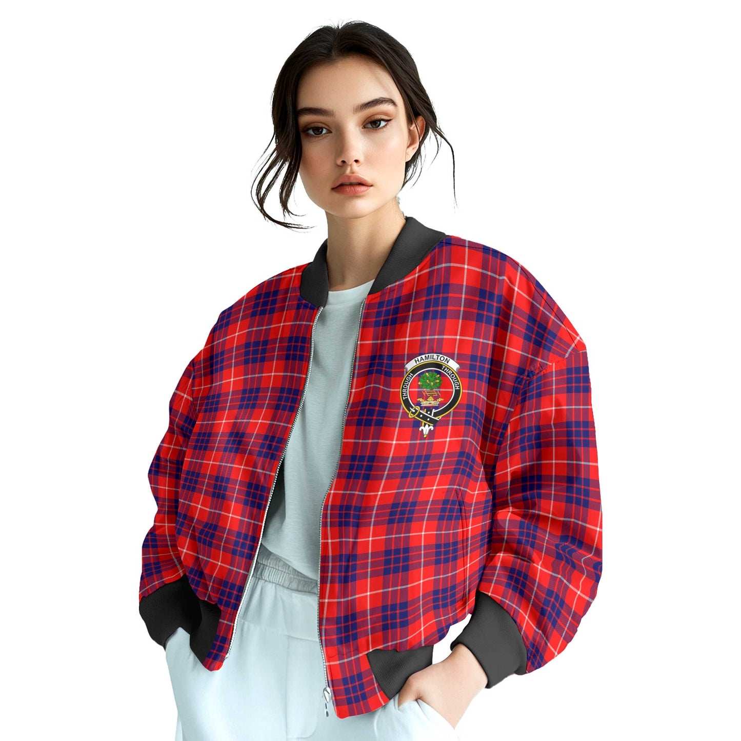 Clan Hamilton Tartan Women Bomber Jacket Crest And Plaid Basic Style