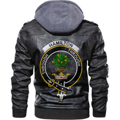Clan Hamilton Tartan Zip Leather Jacket Crest And Plaid Basic Style
