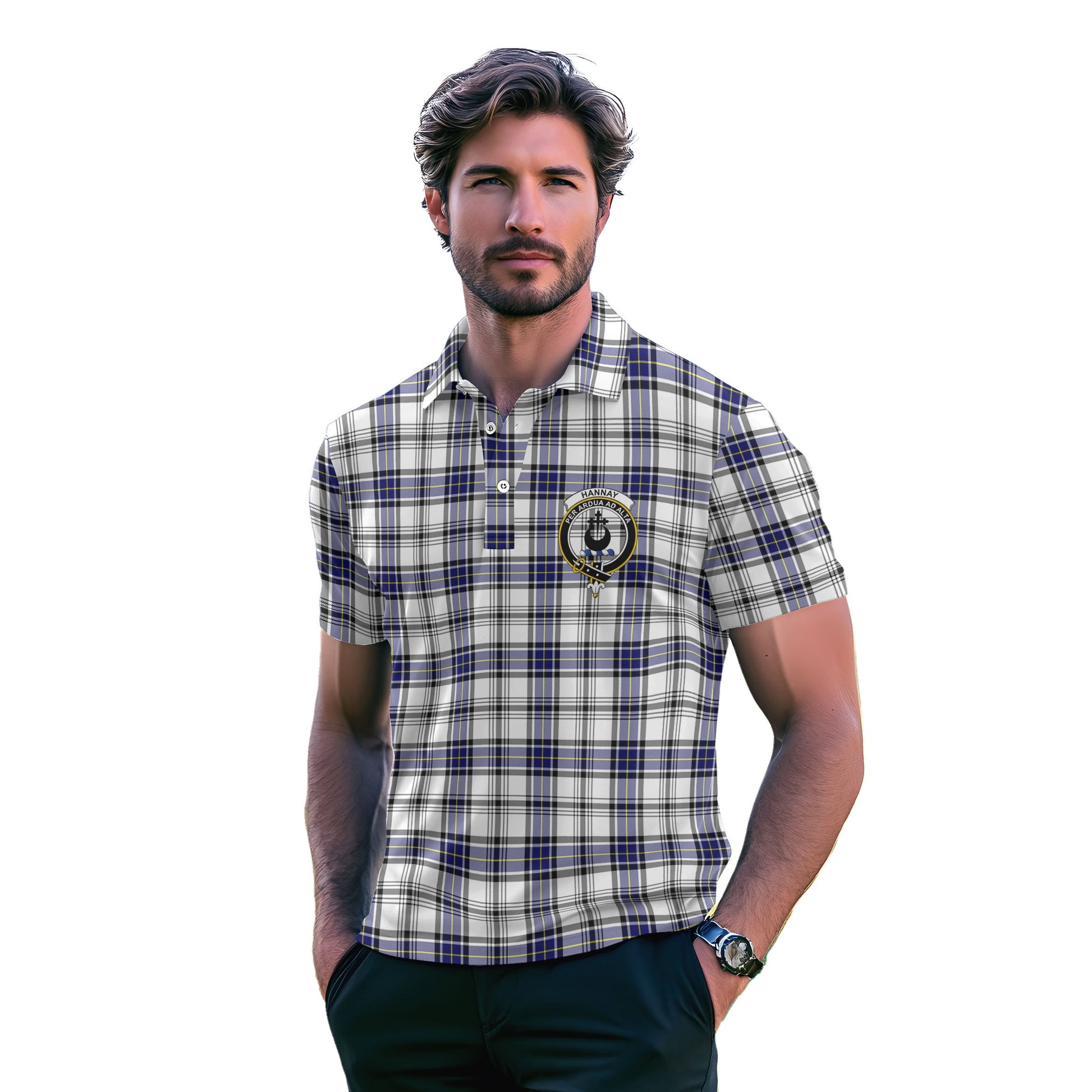 Clan Hannay Tartan Golf Men Polo Shirt Crest And Plaid Basic Style