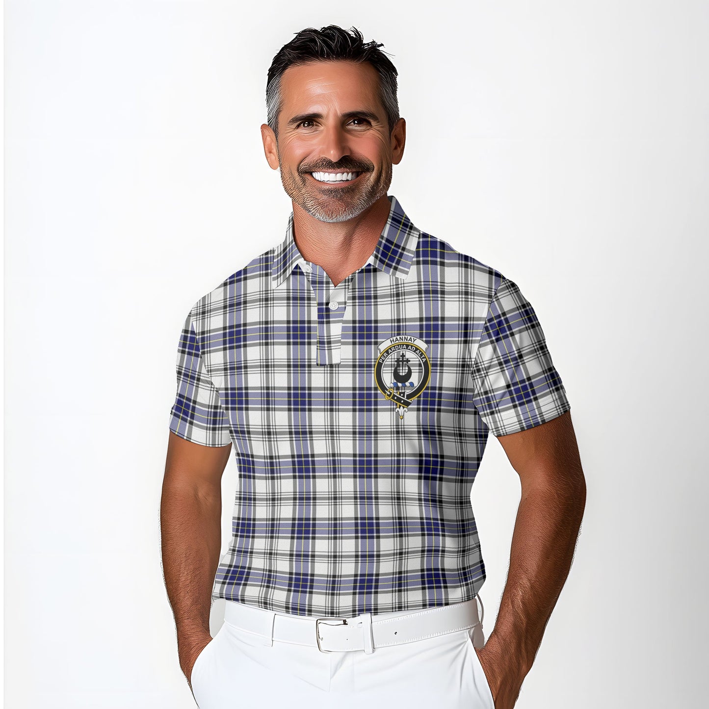 Clan Hannay Tartan Golf Men Polo Shirt Crest And Plaid Basic Style