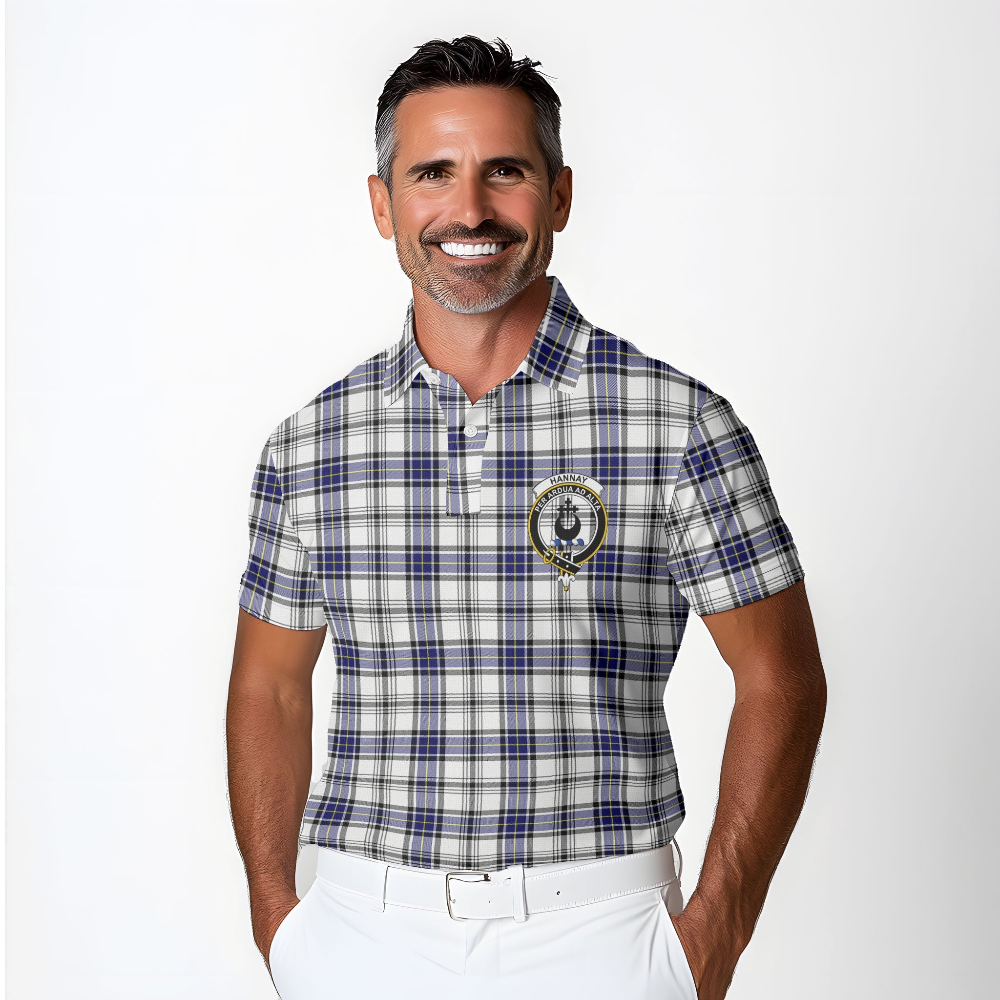 Clan Hannay Tartan Men Polo Shirt Crest And Plaid Basic Style