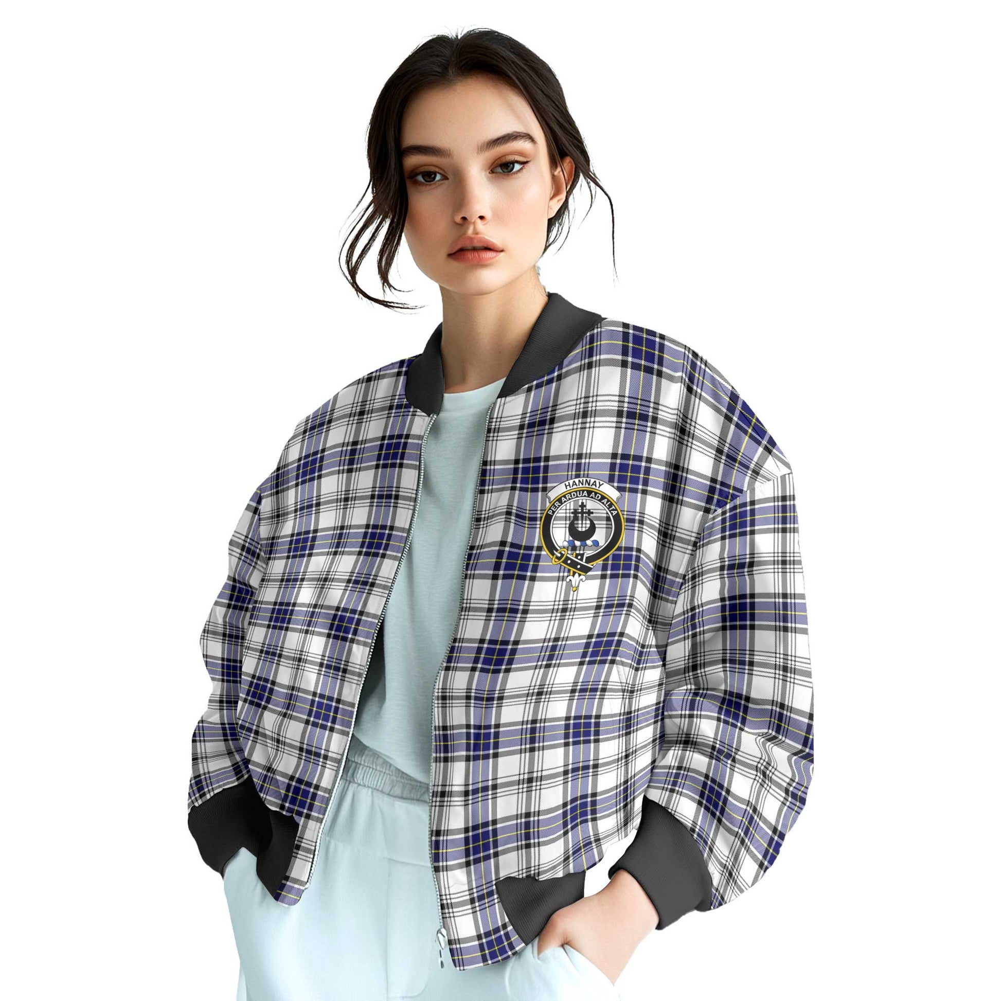 Clan Hannay Tartan Women Bomber Jacket Crest And Plaid Basic Style