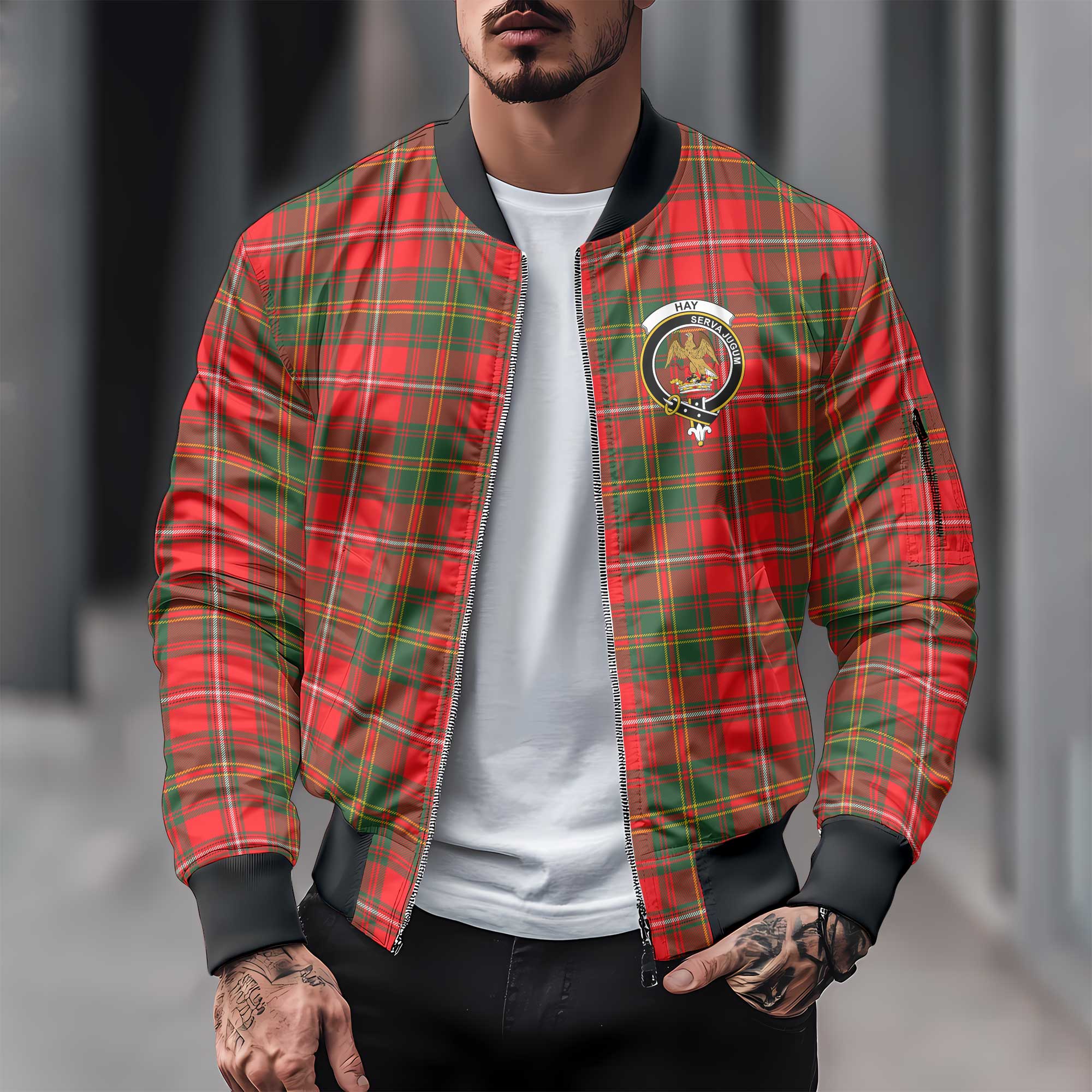 Clan Hay Tartan Men Bomber Jacket Crest And Plaid Basic Style