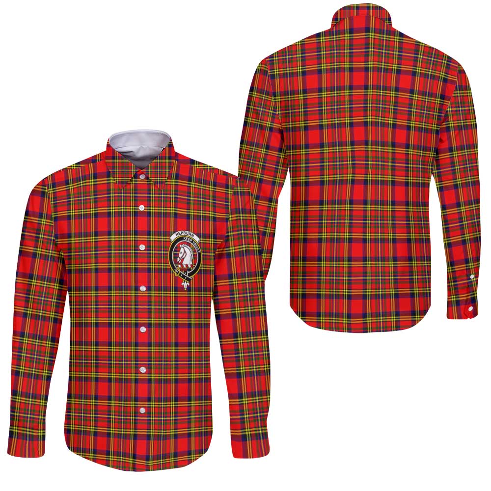 Clan Hepburn Tartan Long Sleeve Button Shirt Crest And Plaid Basic Style