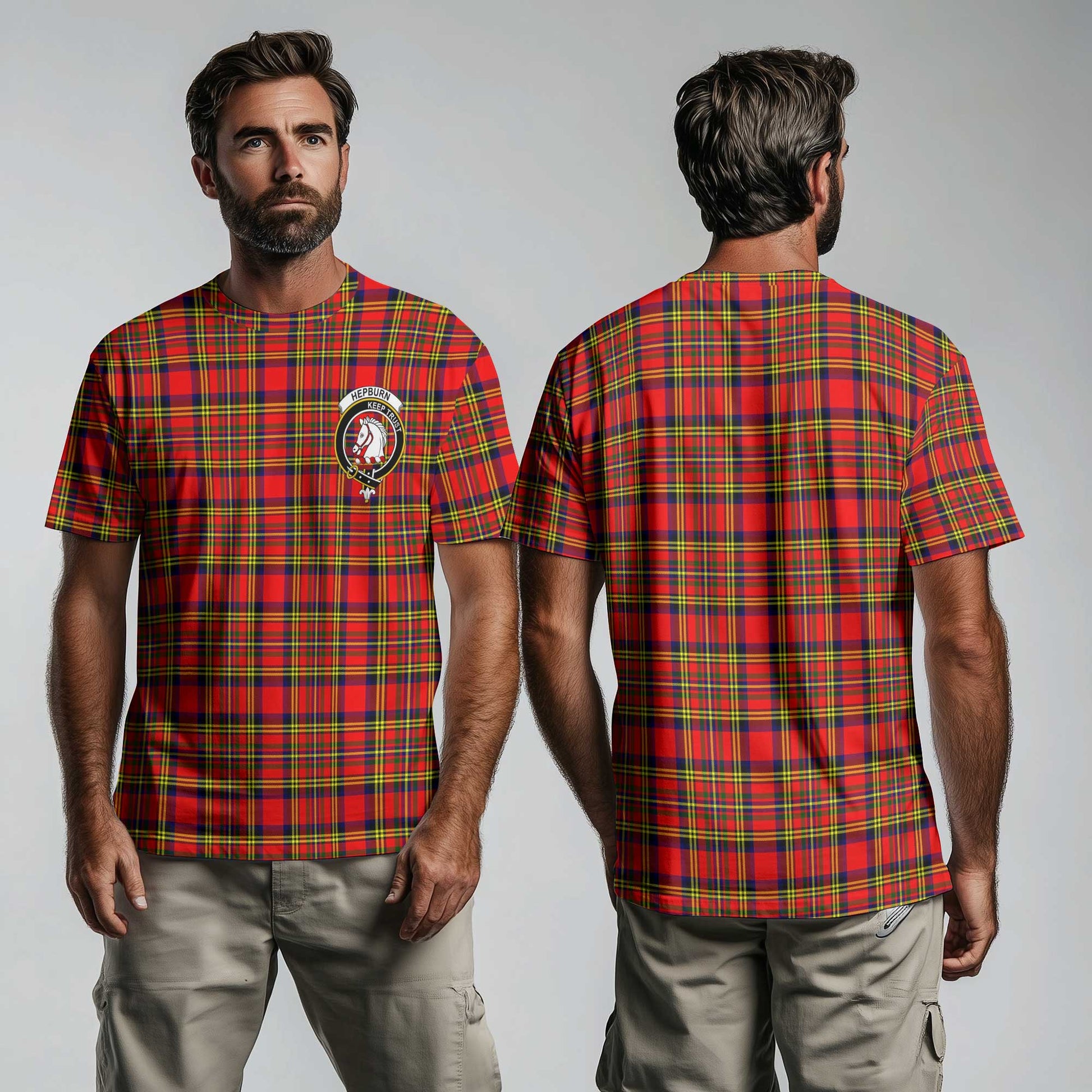 Clan Hepburn Tartan Men T Shirt Crest And Plaid Basic Style