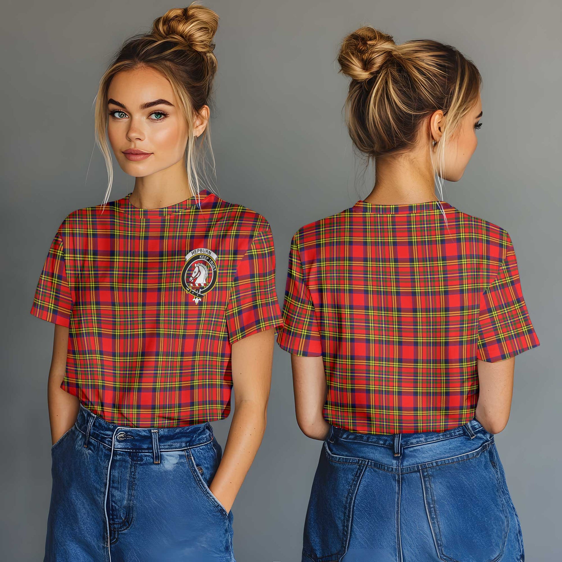 Clan Hepburn Tartan Women T Shirt Crest And Plaid Basic Style