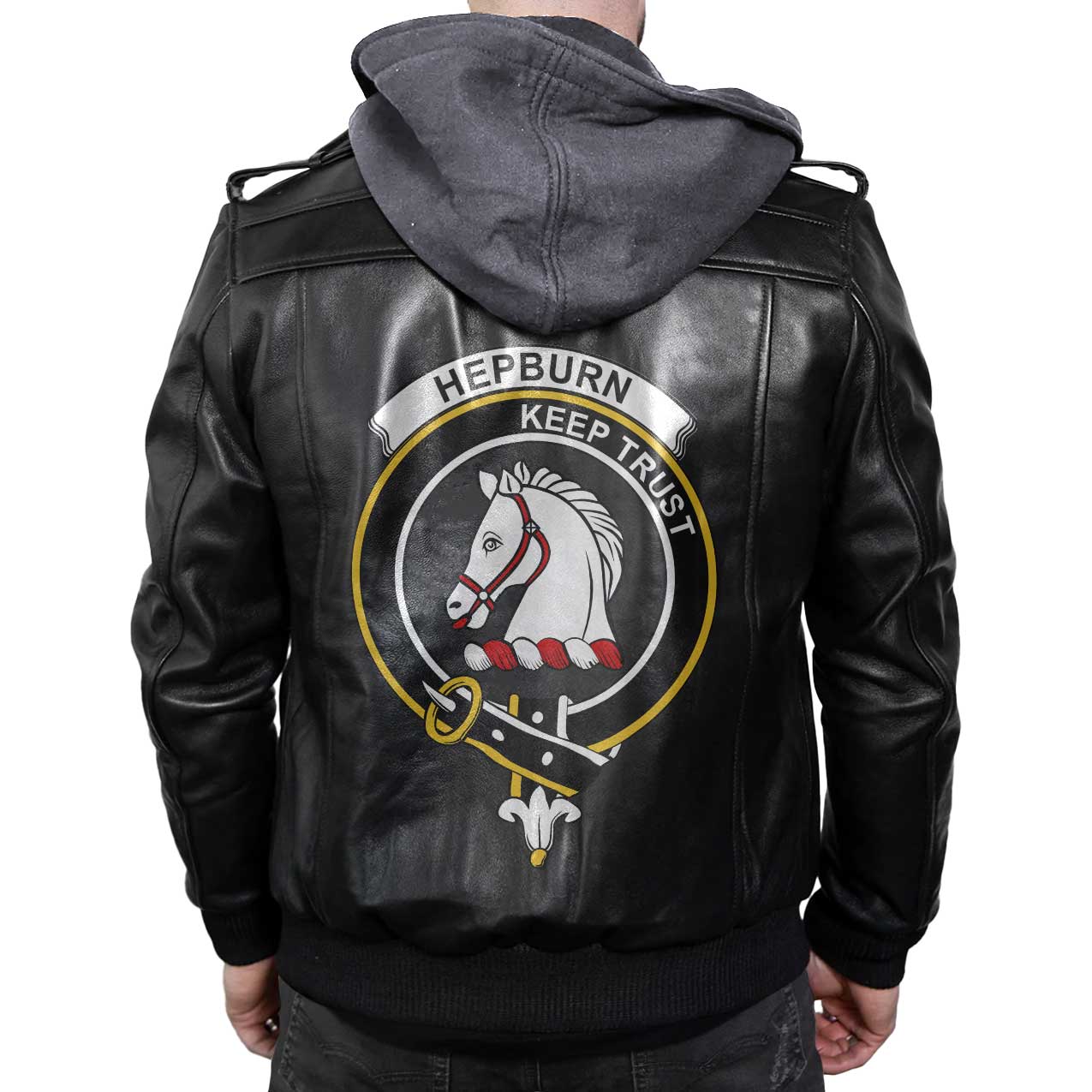 Clan Hepburn Tartan Zip Leather Jacket Crest And Plaid Basic Style