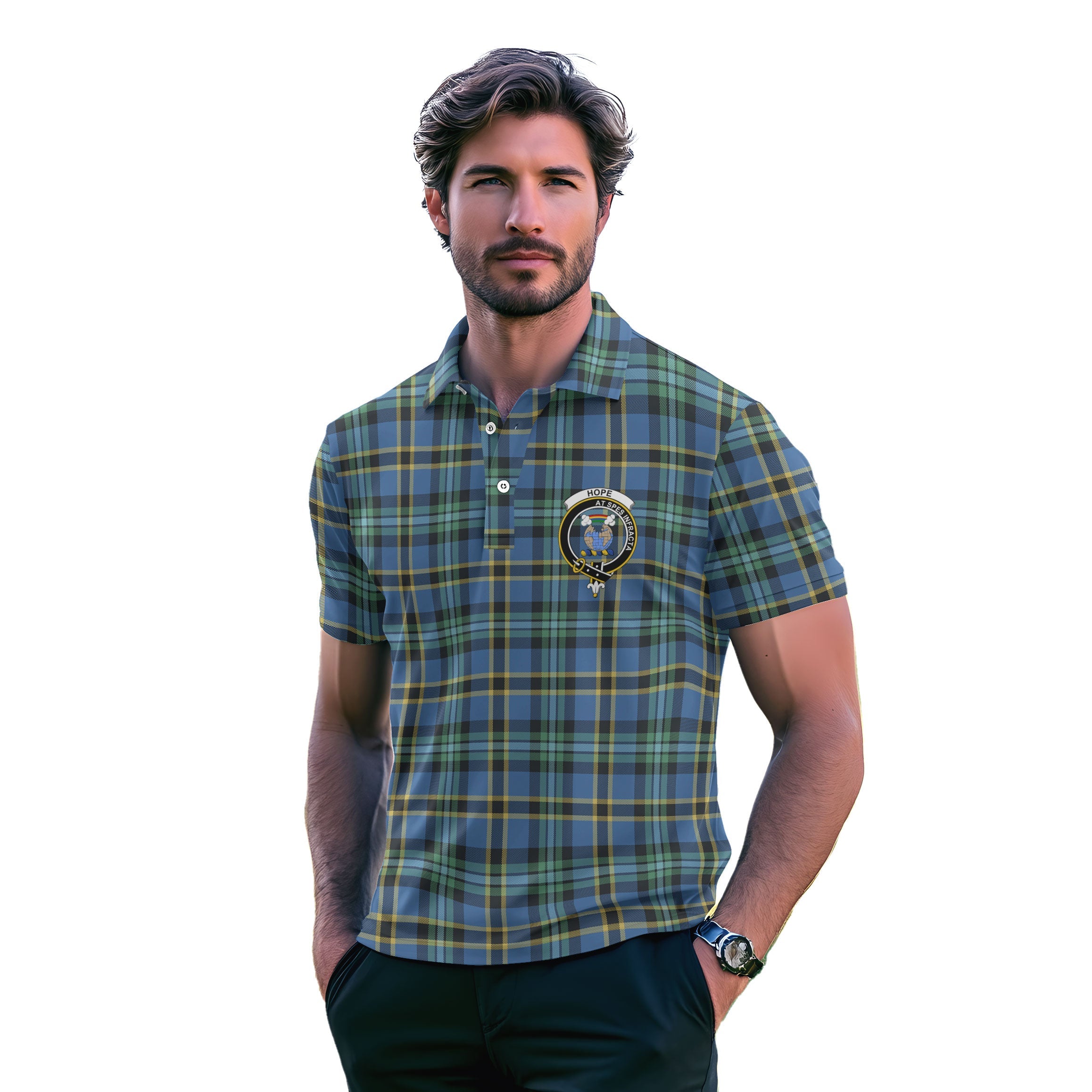 Clan Hope Tartan Golf Men Polo Shirt Crest And Plaid Basic Style