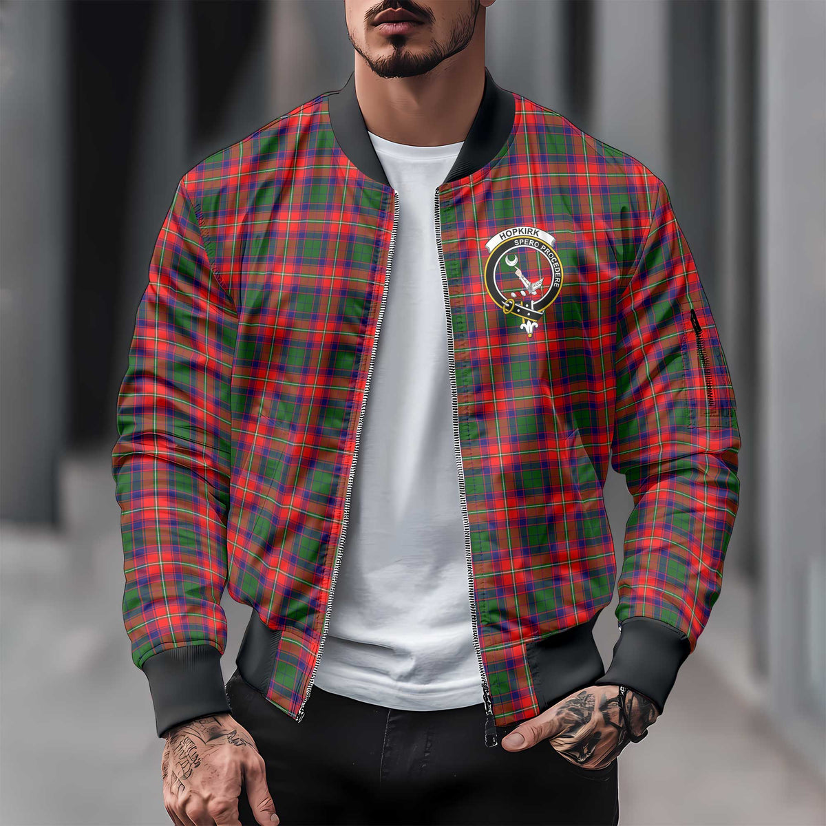 Clan Hopkirk Tartan Men Bomber Jacket Crest And Plaid Basic Style