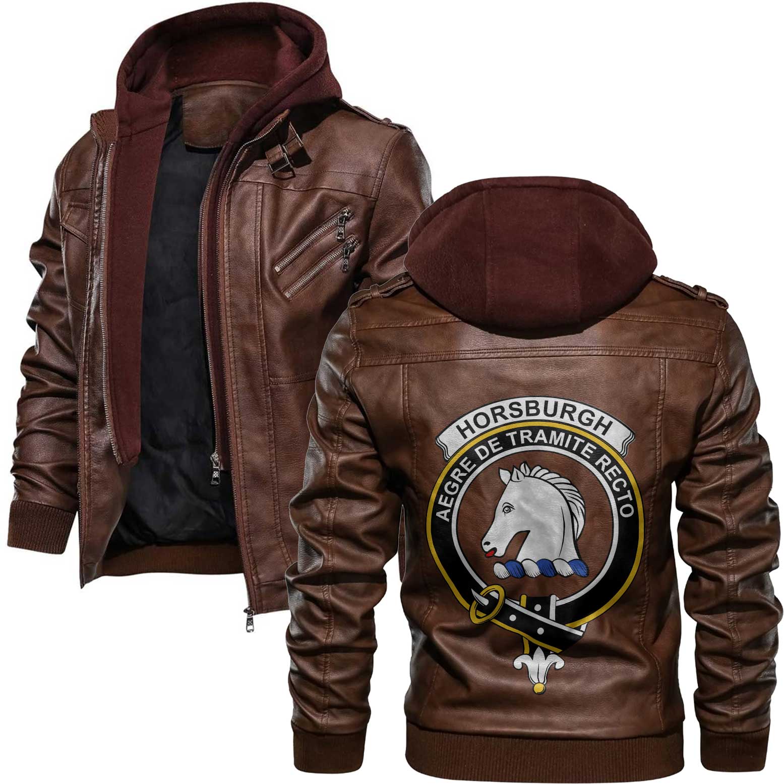 Clan Horsburgh Tartan Zip Leather Jacket Crest And Plaid Basic Style