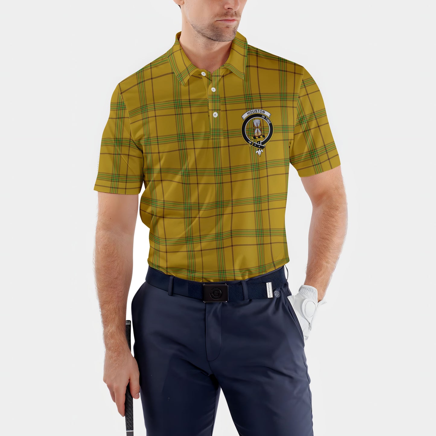 Clan Houston Tartan Golf Men Polo Shirt Crest And Plaid Basic Style