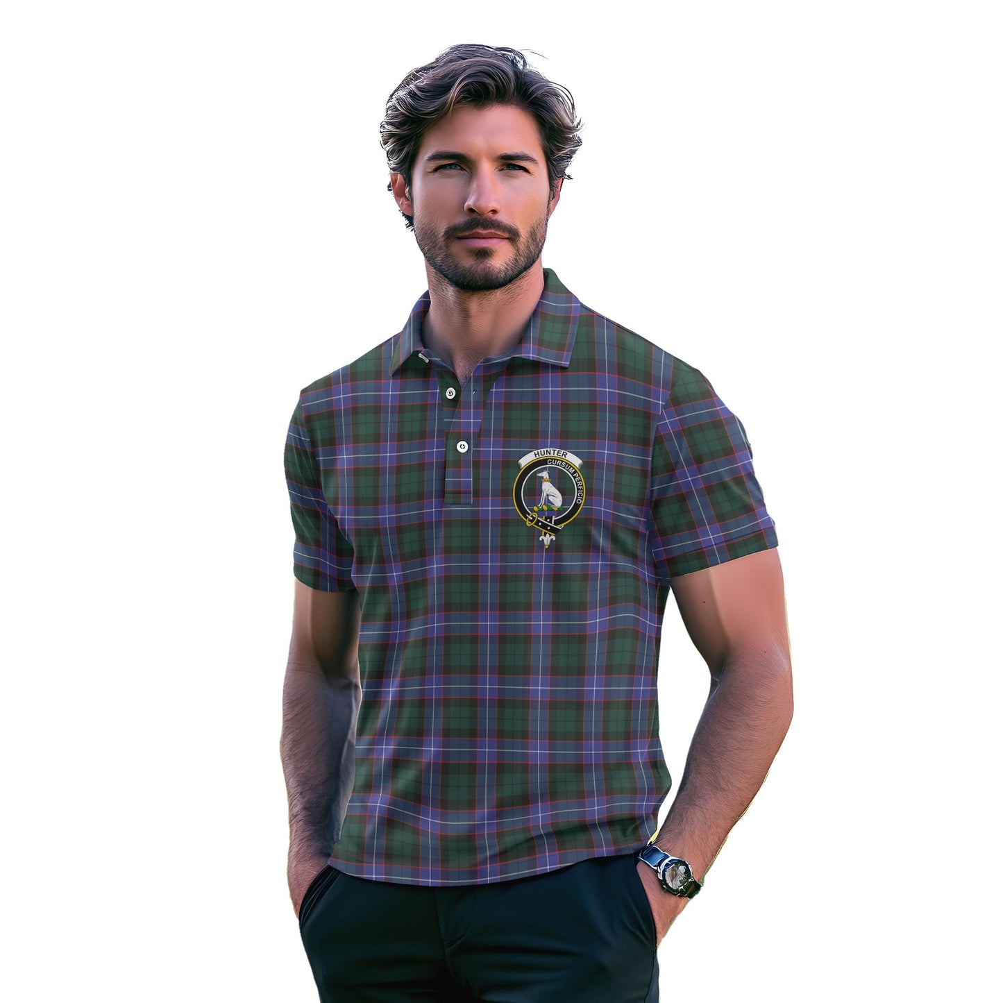 Clan Hunter Tartan Men Polo Shirt Crest And Plaid Basic Style