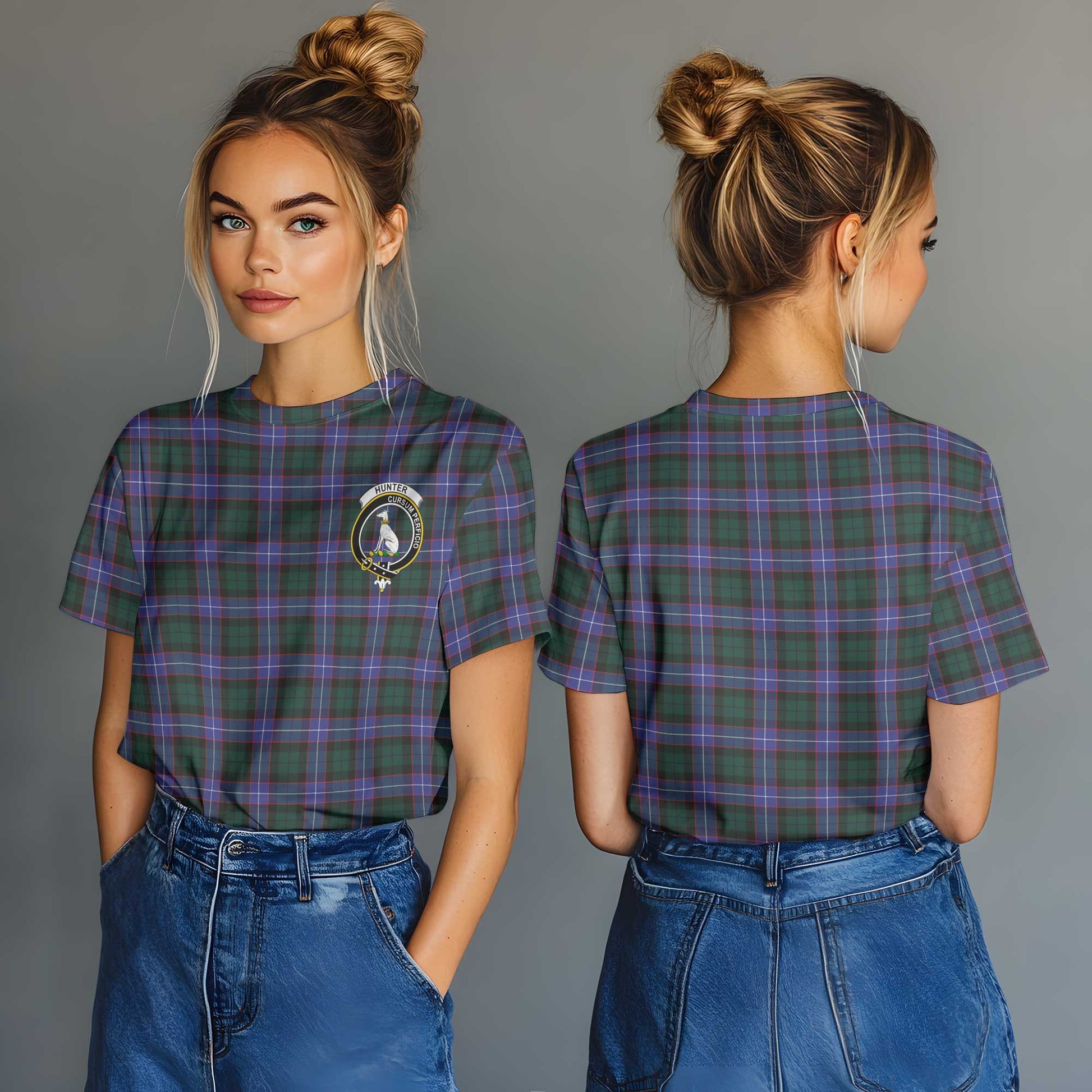 Clan Hunter Tartan Women T Shirt Crest And Plaid Basic Style