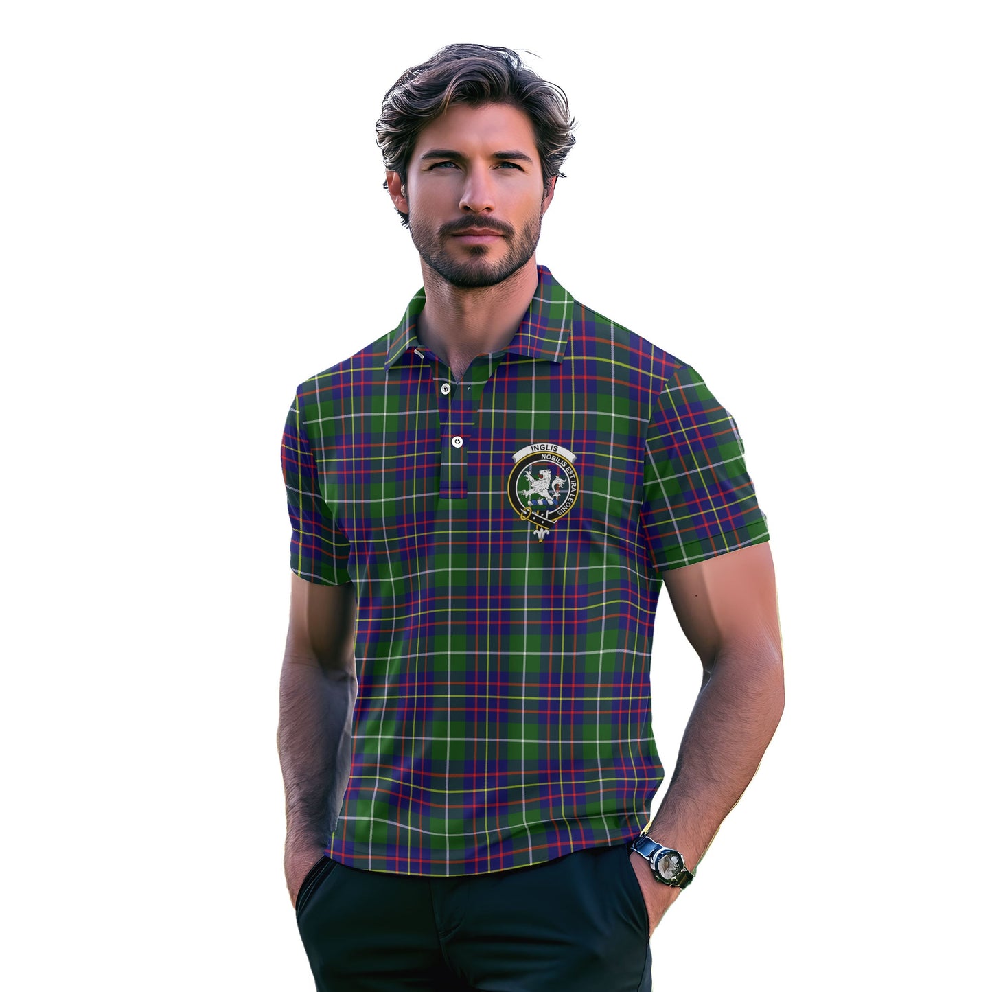 Clan Inglis Tartan Golf Men Polo Shirt Crest And Plaid Basic Style