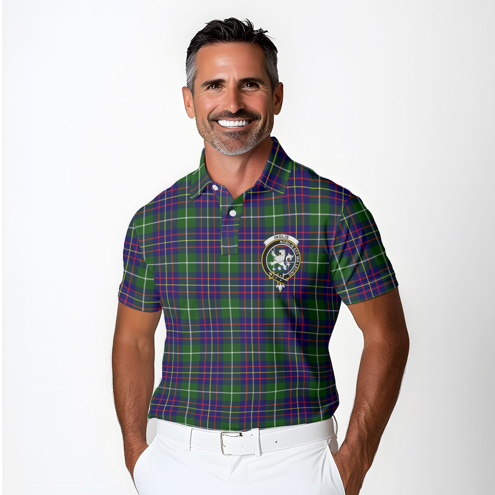 Clan Inglis Tartan Golf Men Polo Shirt Crest And Plaid Basic Style