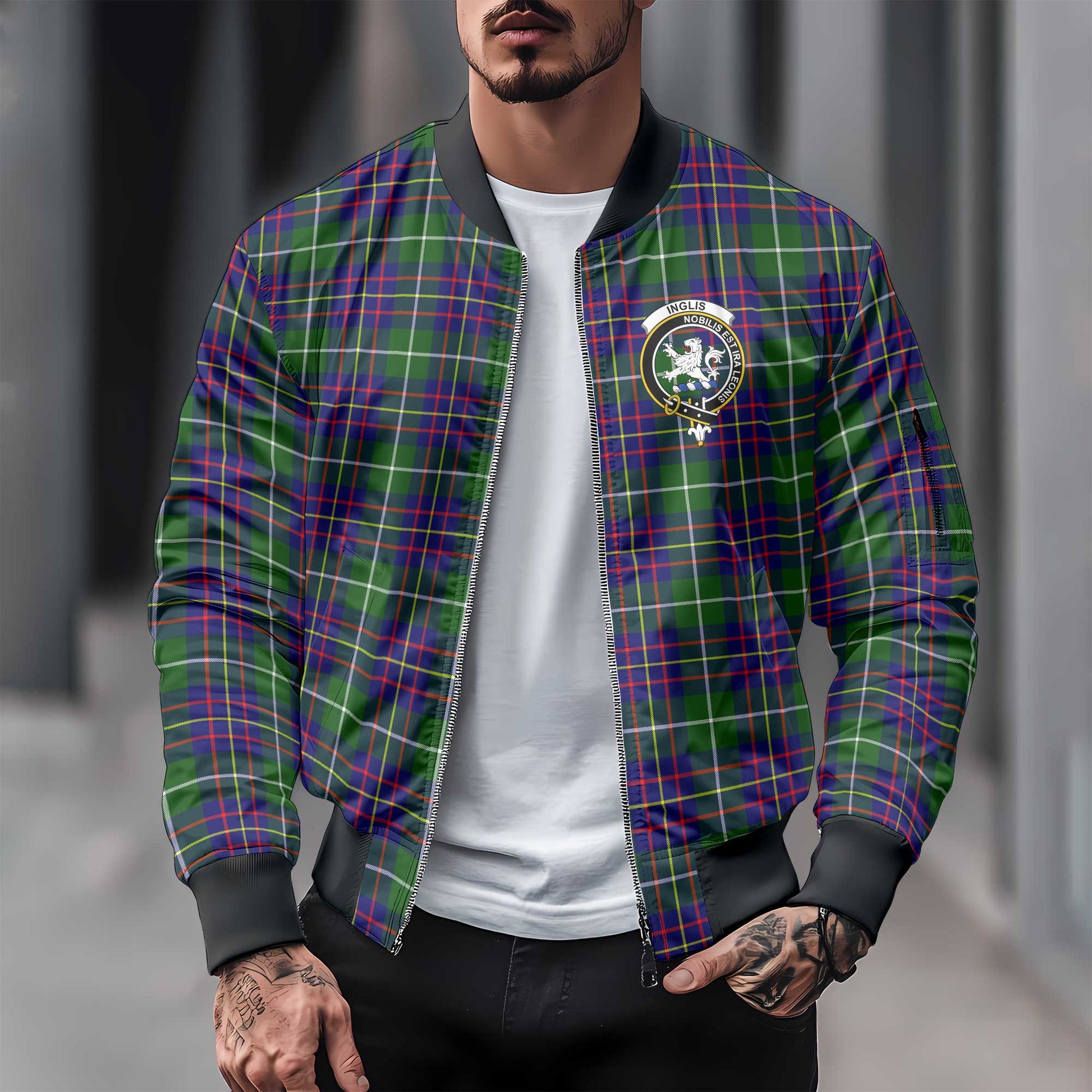 Clan Inglis Tartan Men Bomber Jacket Crest And Plaid Basic Style