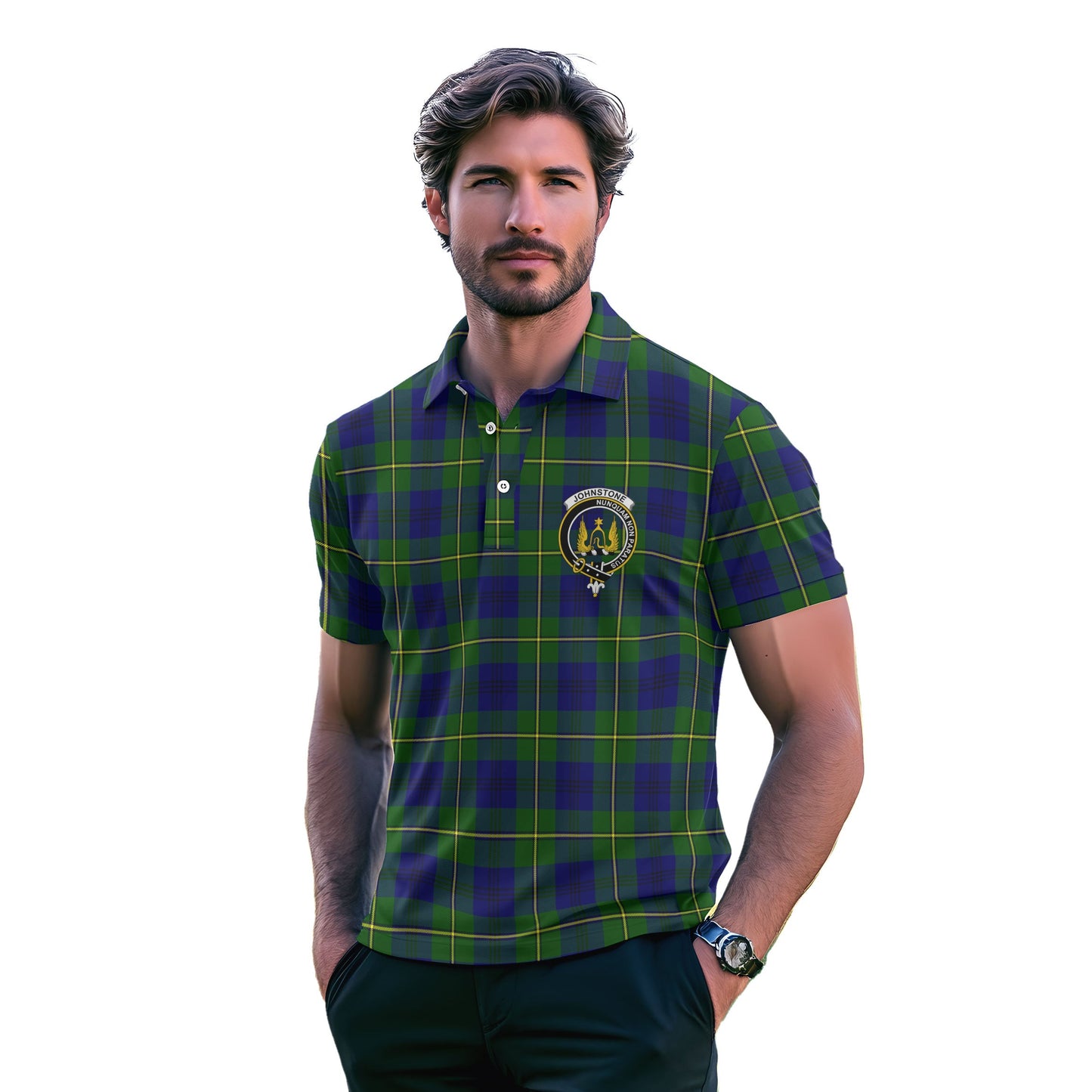 Clan Johnstone Tartan Men Polo Shirt Crest And Plaid Basic Style