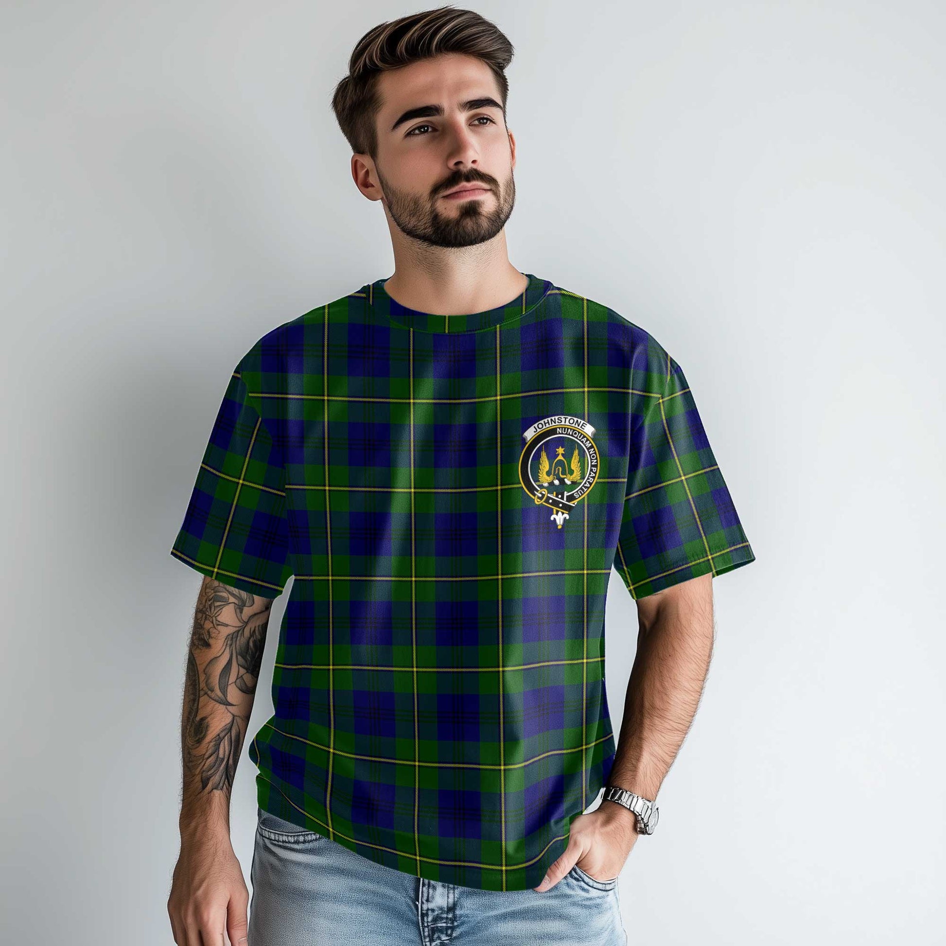 Clan Johnstone Tartan Men T Shirt Crest And Plaid Basic Style