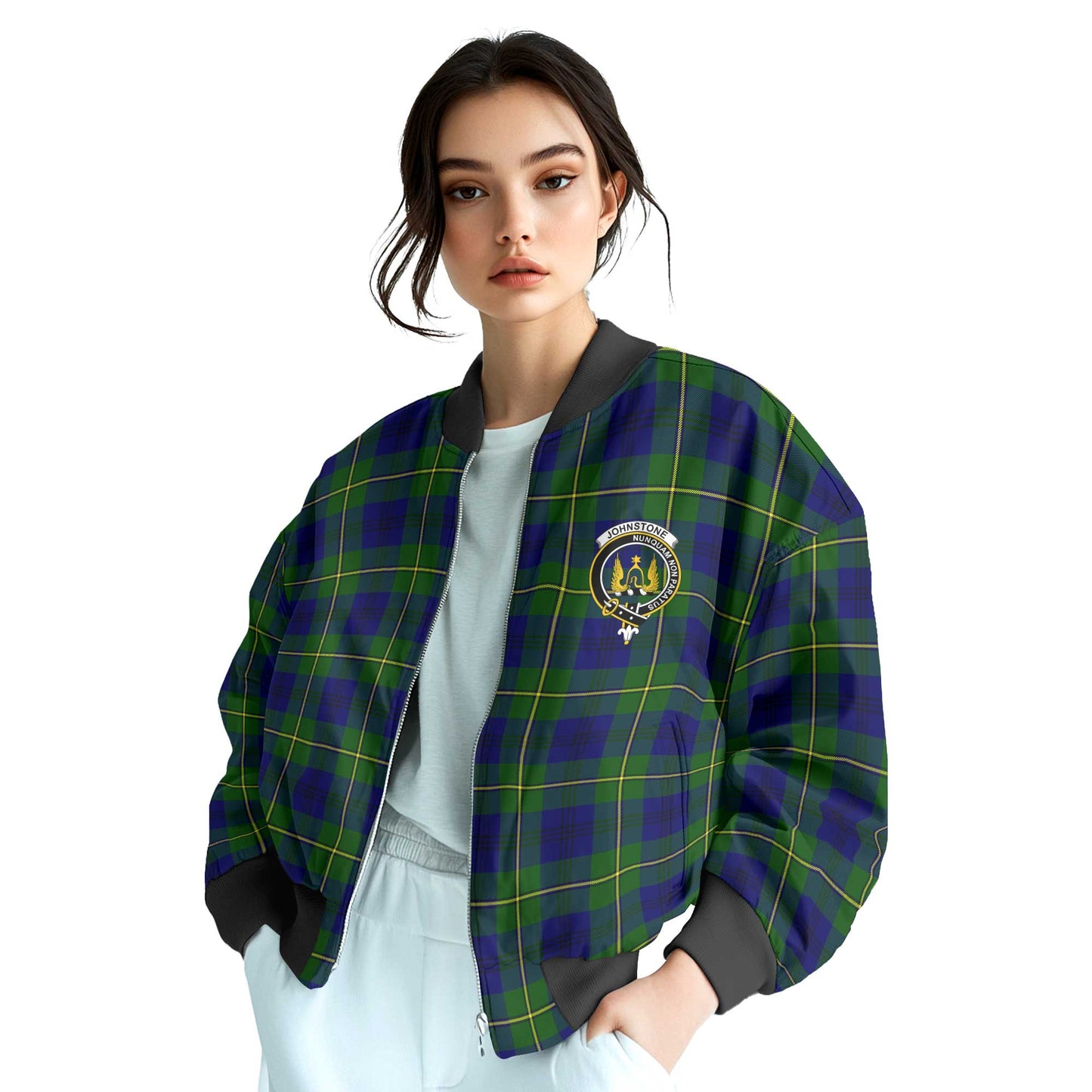 Clan Johnstone Tartan Women Bomber Jacket Crest And Plaid Basic Style