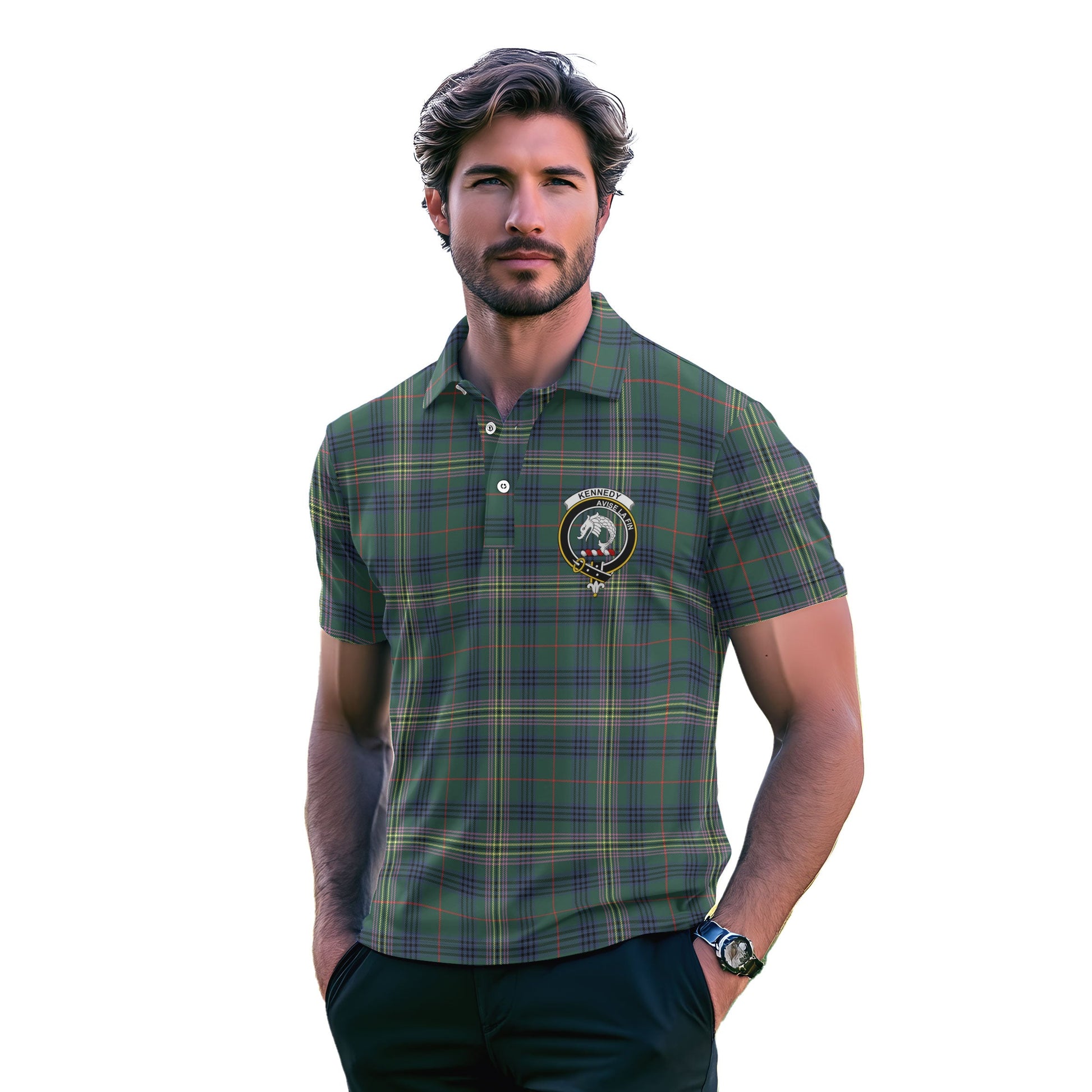 Clan Kennedy Tartan Golf Men Polo Shirt Crest And Plaid Basic Style