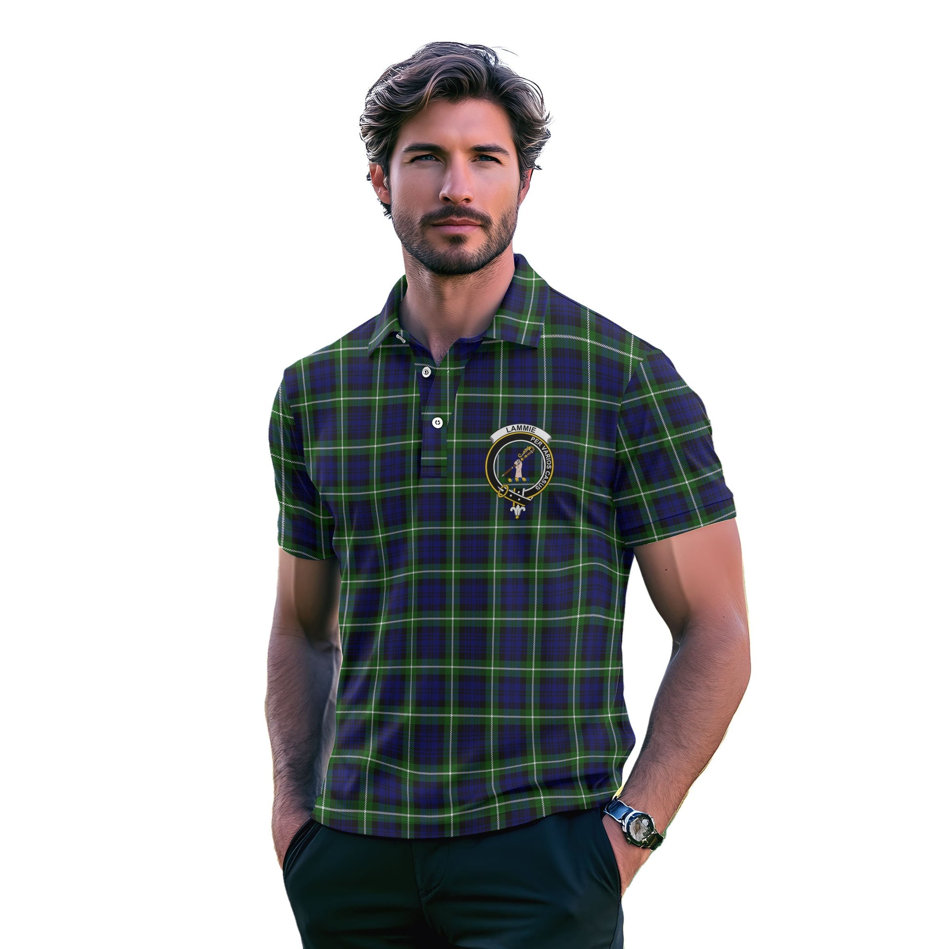 Clan Lammie Tartan Men Polo Shirt Crest And Plaid Basic Style