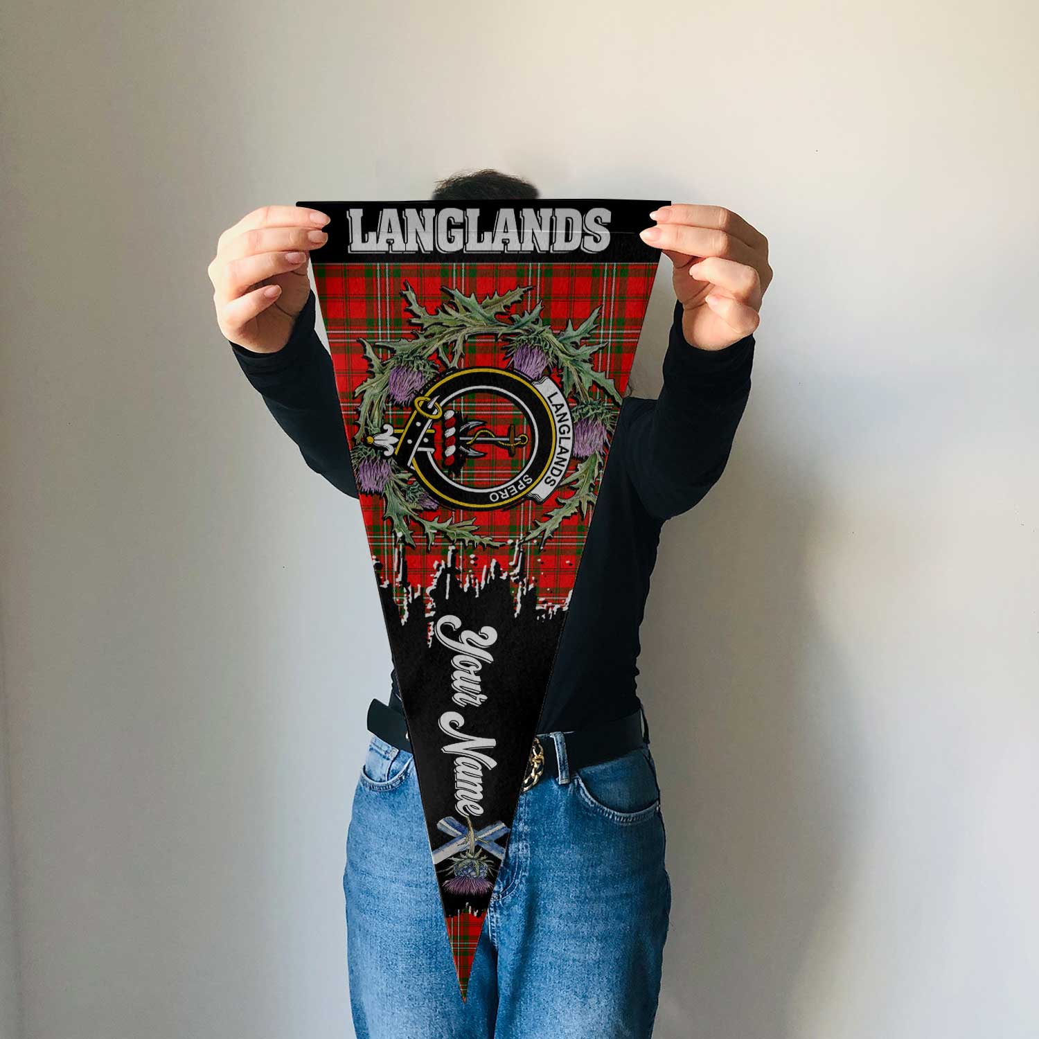 Clan Langlands Tartan Felt Pennant Crest And Plaid Basic Style