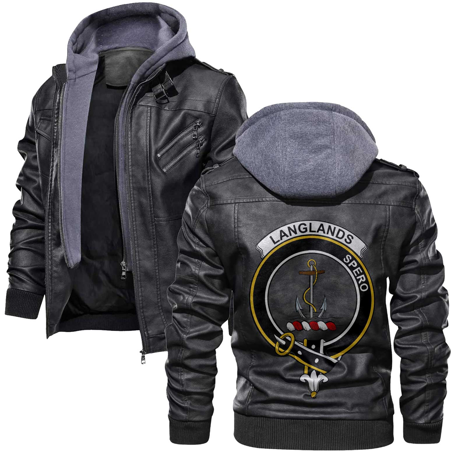 Clan Langlands Tartan Zip Leather Jacket Crest And Plaid Basic Style