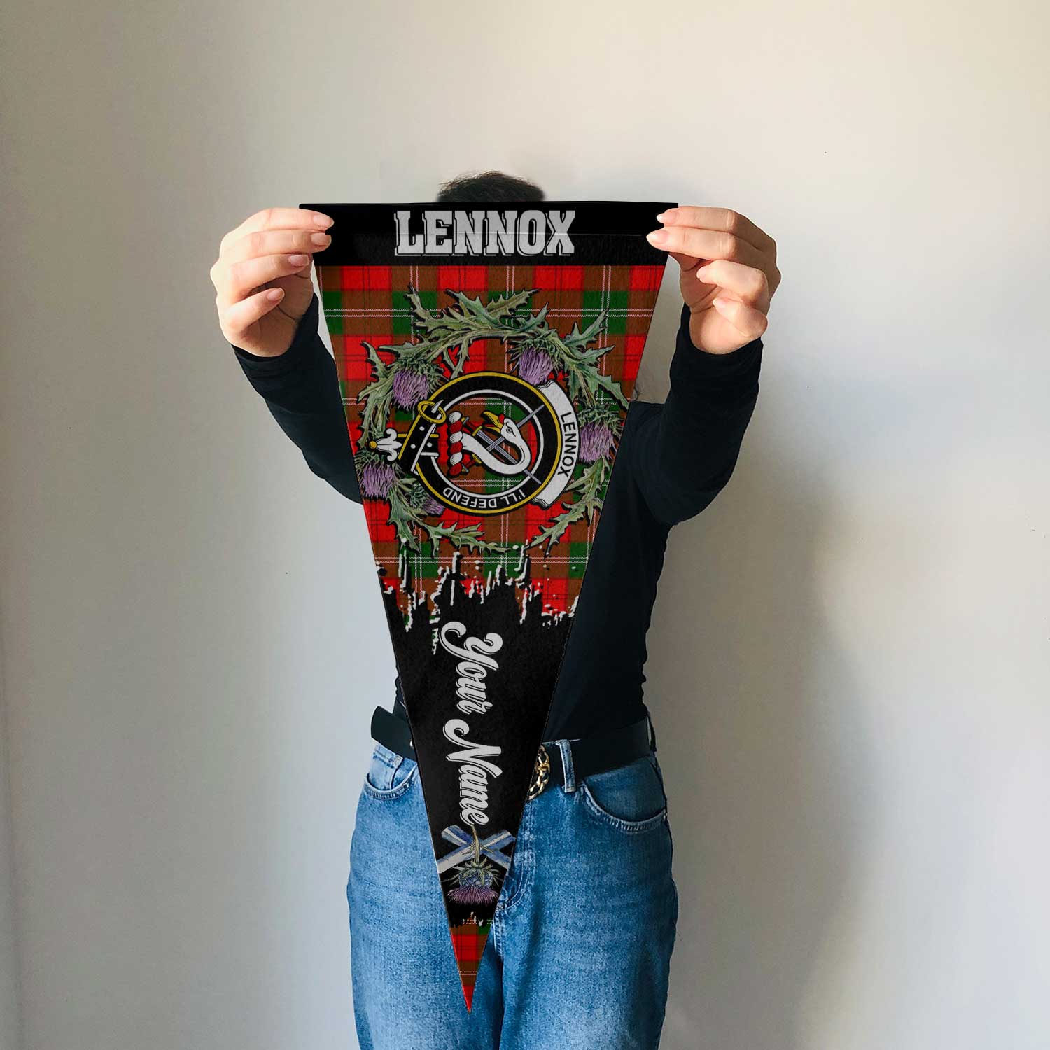 Clan Lennox Tartan Felt Pennant Crest And Plaid Basic Style
