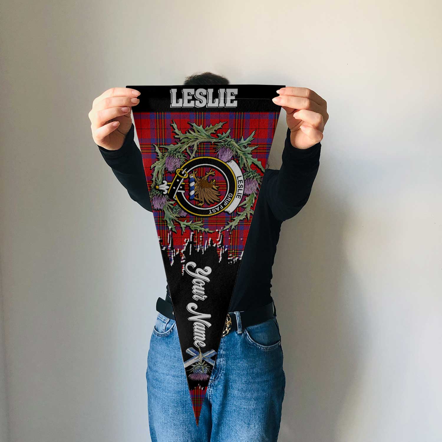 Clan Leslie Tartan Felt Pennant Crest And Plaid Basic Style