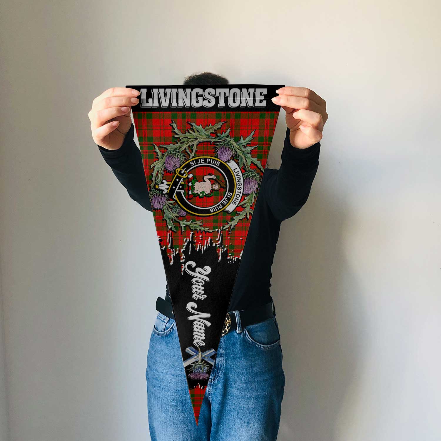Clan Livingstone Tartan Felt Pennant Crest And Plaid Basic Style