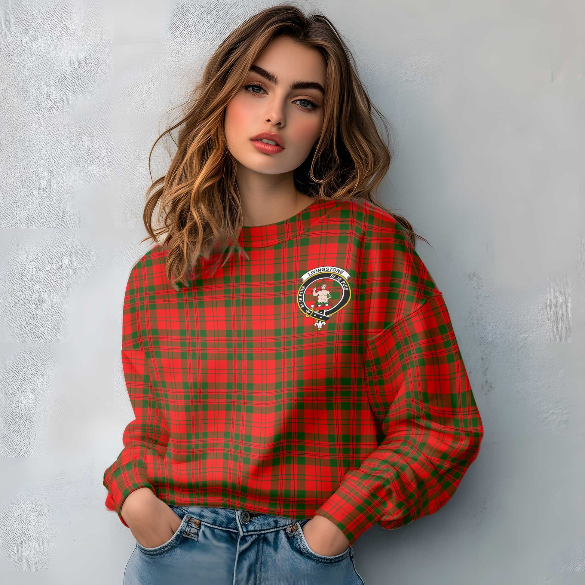 Clan Livingstone Tartan Women Sweatshirt Crest And Plaid Basic Style