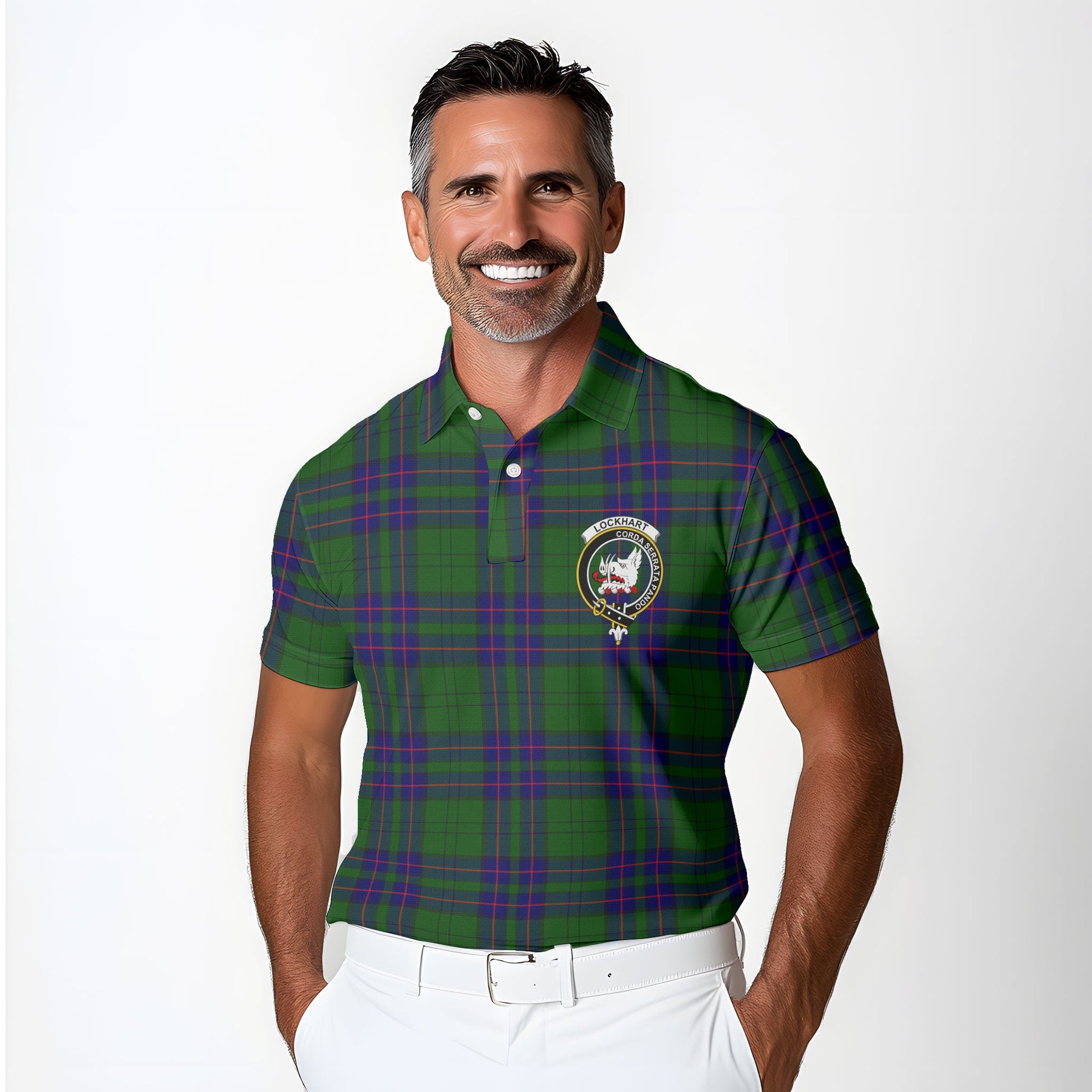 Clan Lockhart Tartan Golf Men Polo Shirt Crest And Plaid Basic Style