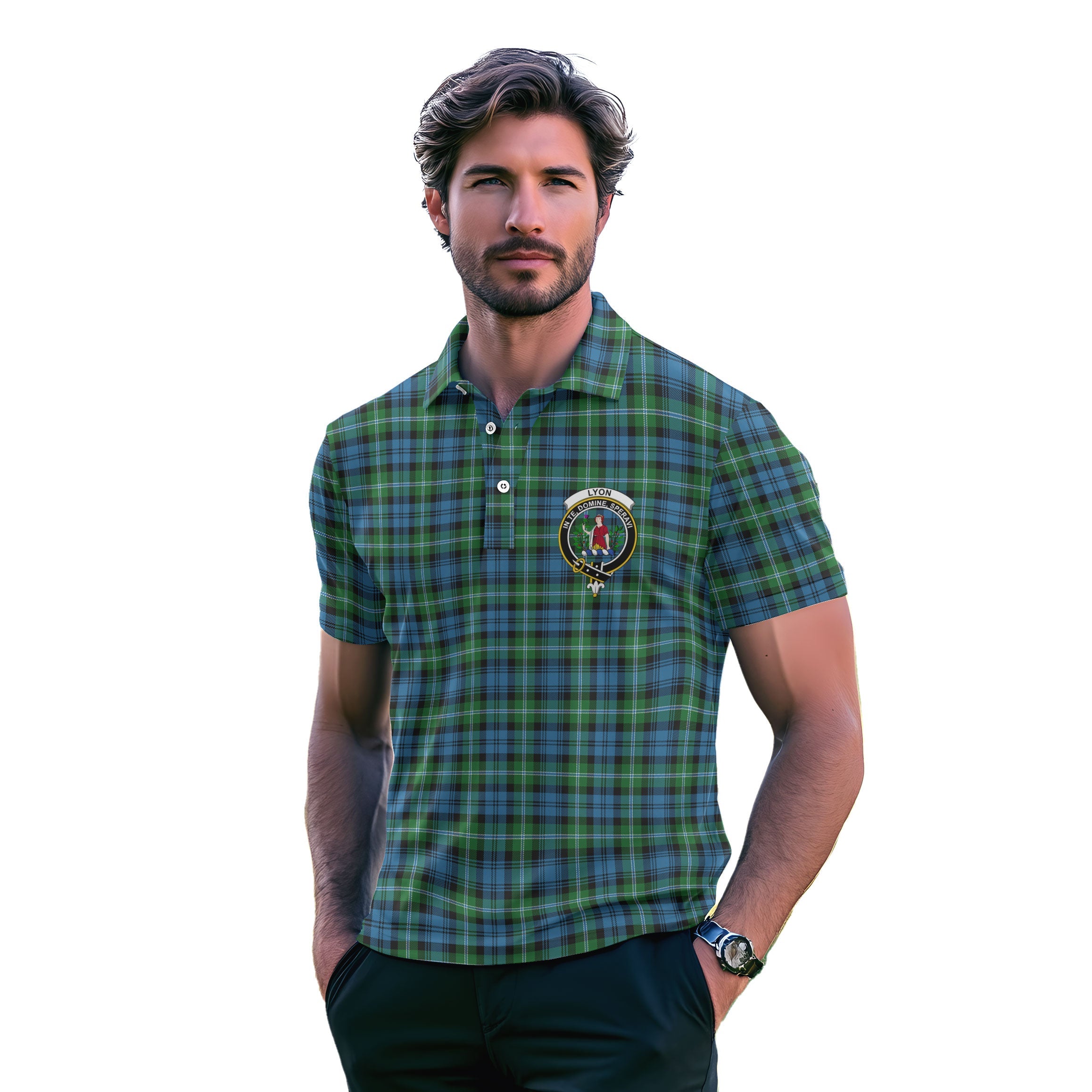 Clan Lyon Tartan Golf Men Polo Shirt Crest And Plaid Basic Style