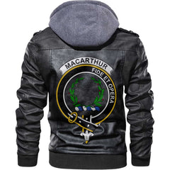 Clan Macarthur Tartan Zip Leather Jacket Crest And Plaid Basic Style